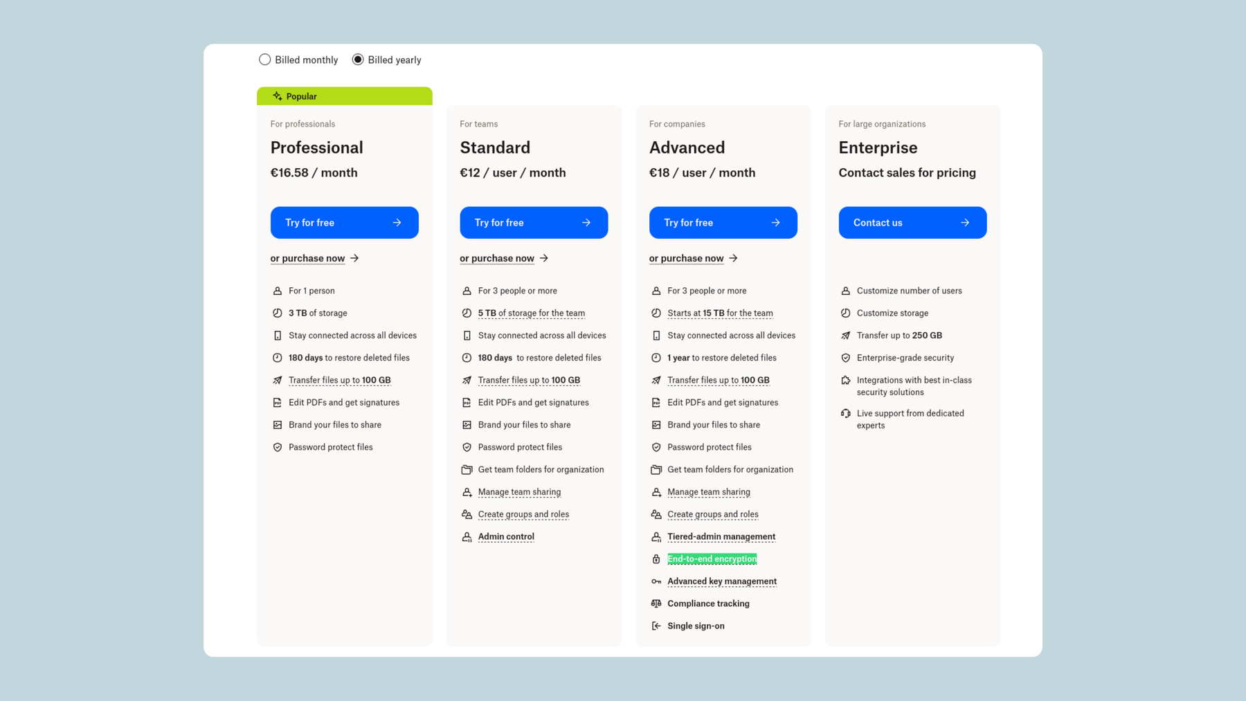 Screenshot der Dropbox-Preispläne und -Funktionen: Für Unternehmen, die den Advanced Dropbox-Plan erwerben, wird eine Ende-zu-Ende-Verschlüsselung angeboten.