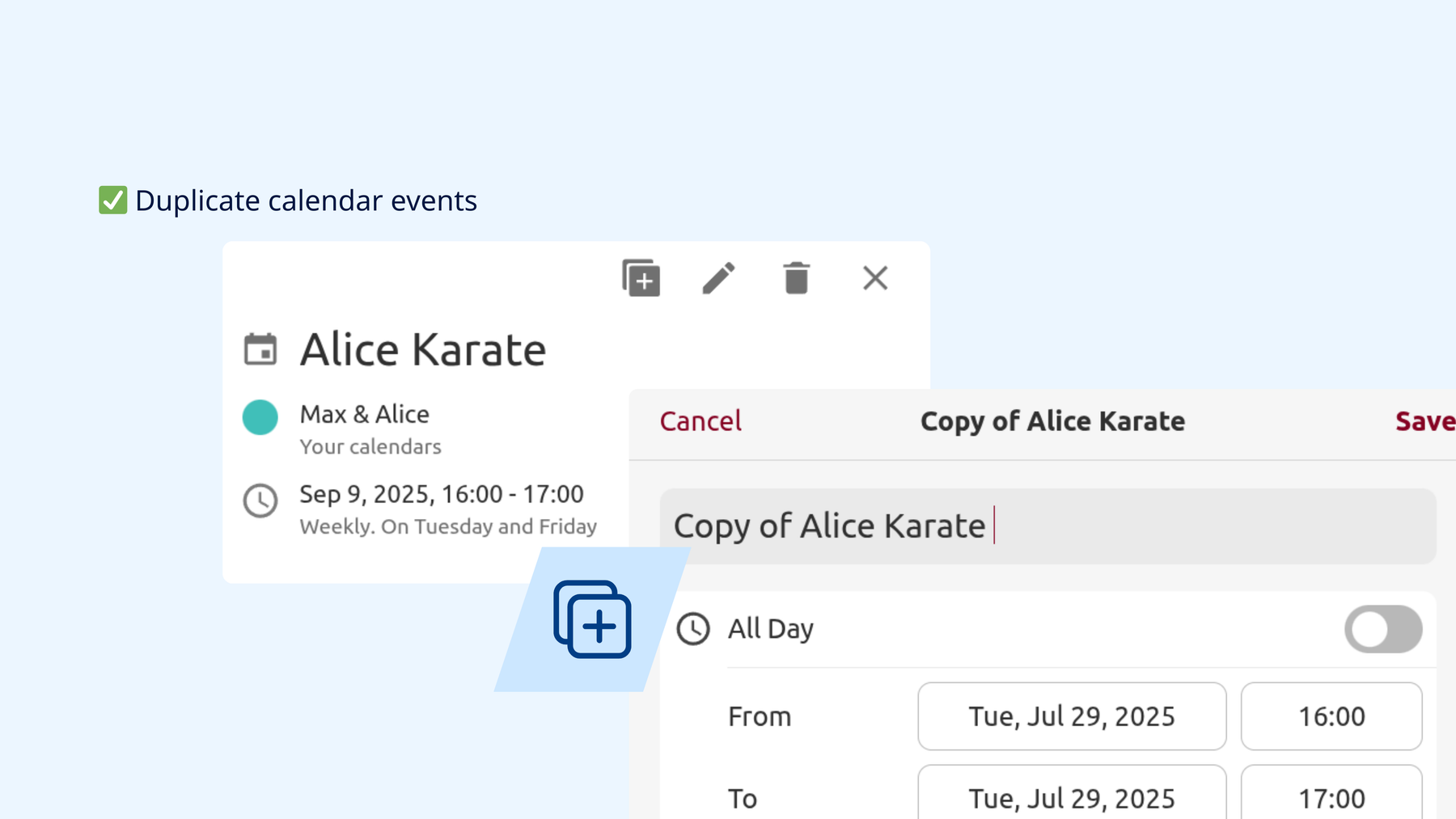 Screenshot: Ereignisse duplizieren in Tuta Calendar, einfügen.