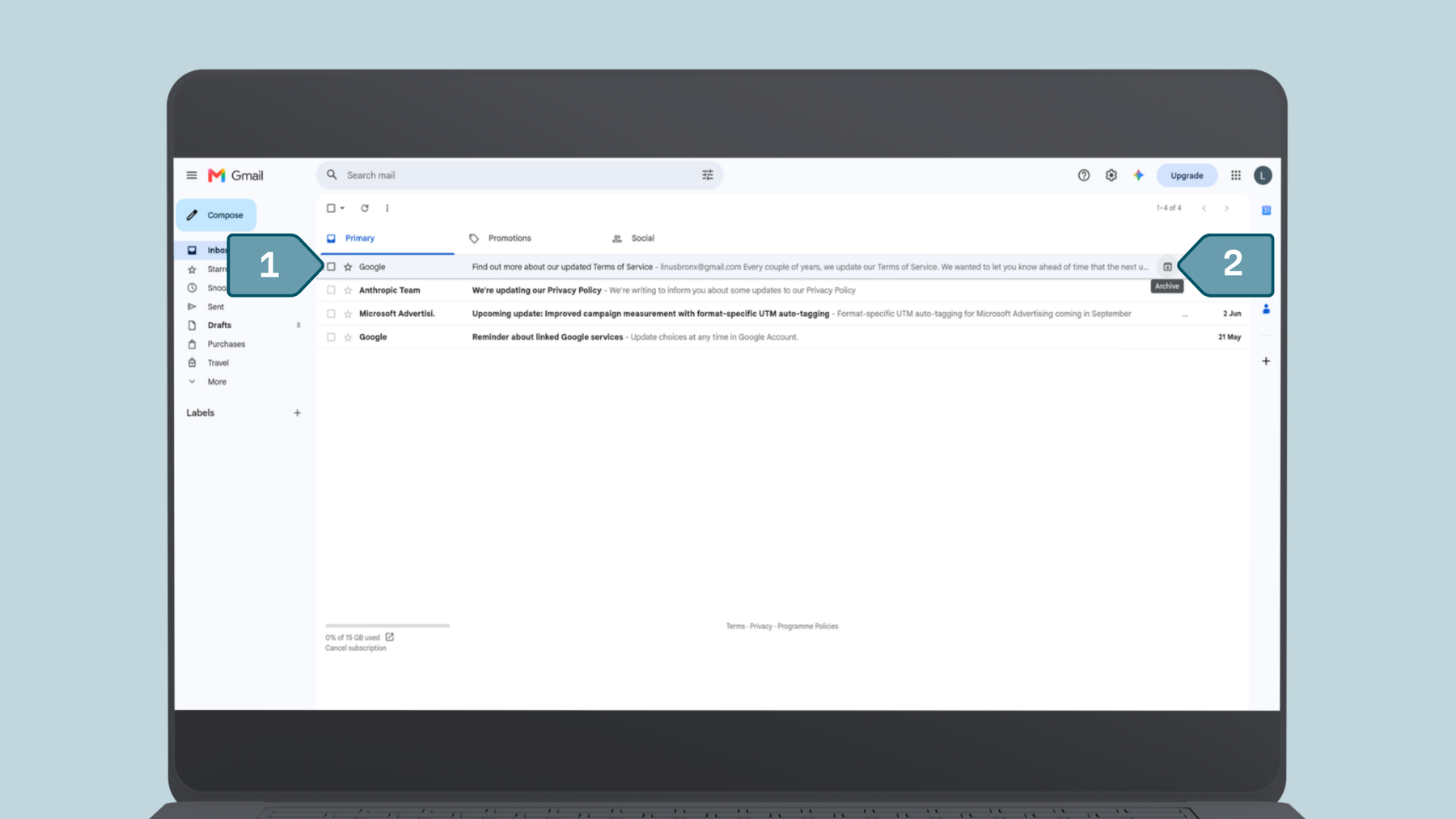 Archive emails in Gmail: Select the email and then click archive button on the right.