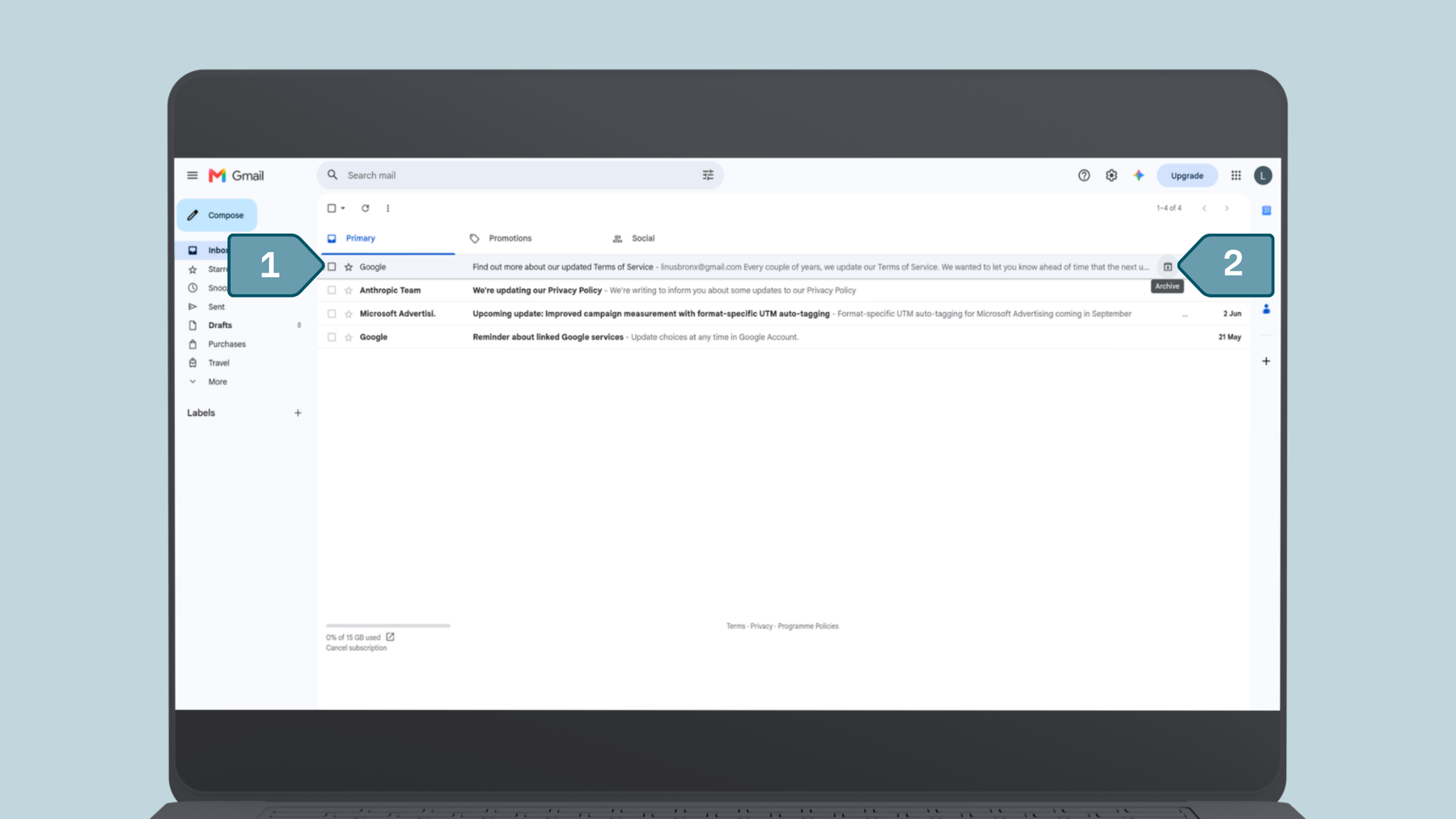 Archive emails in Gmail: Select the email and then click archive button on the right.