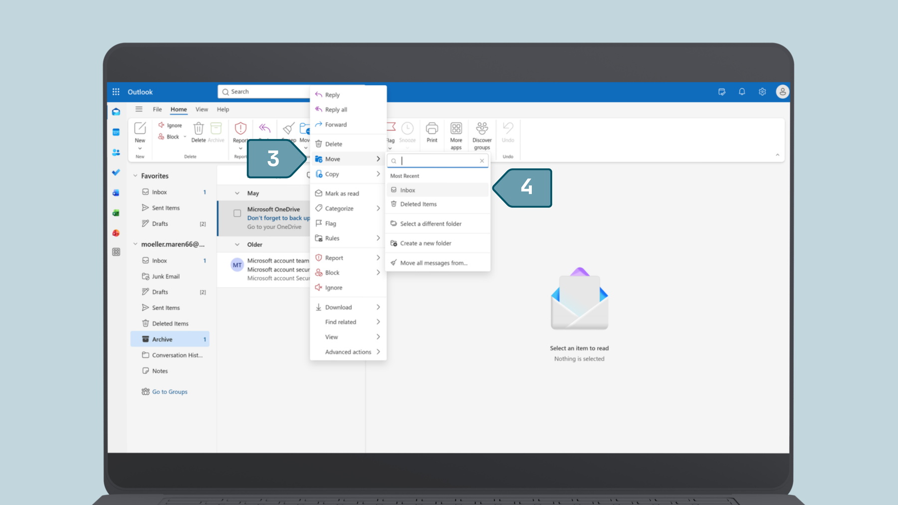 How to move archived emails to inbox: Select email and then right-click and select move and then inbox from the menu.