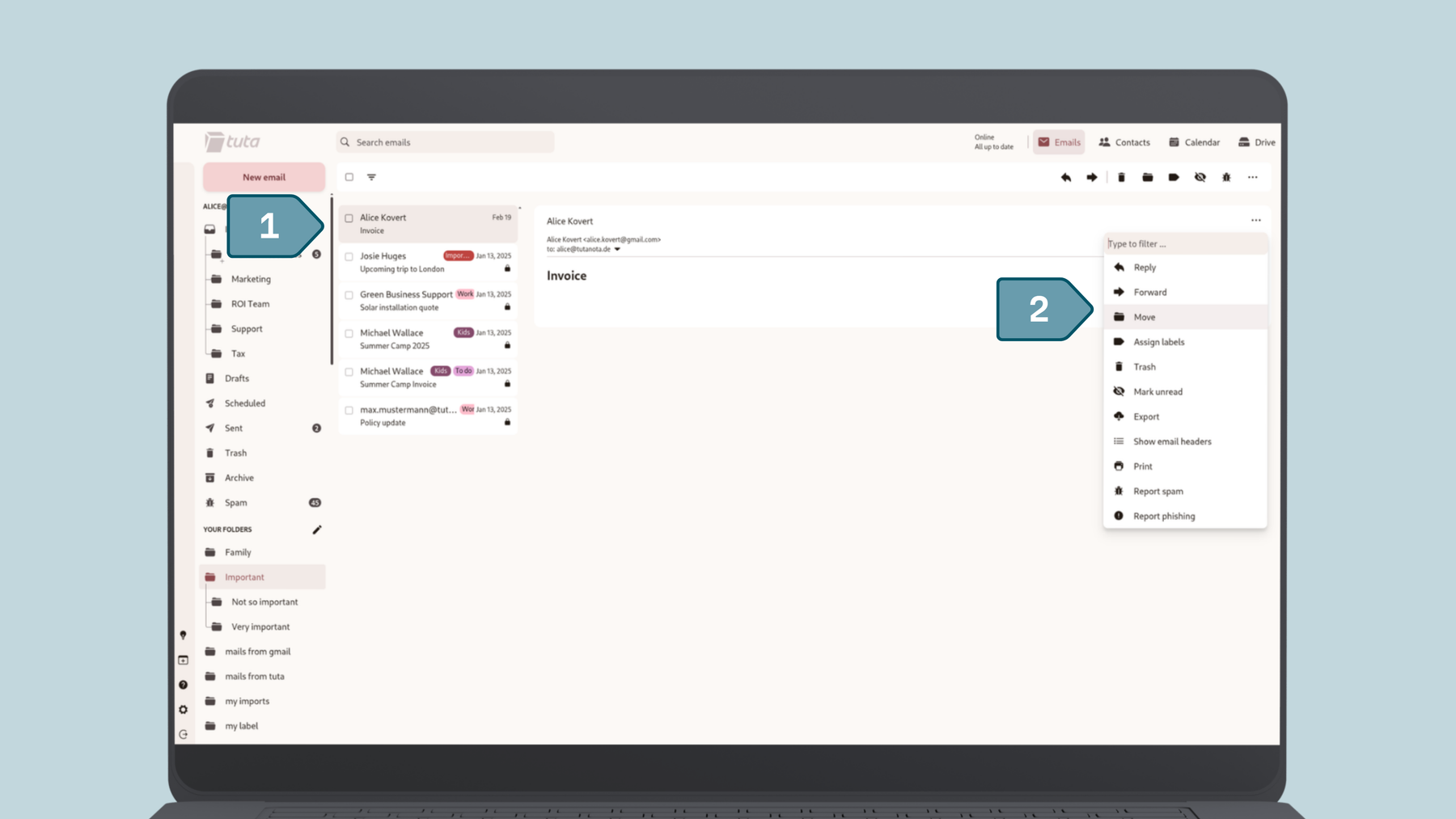 How to archive emails in Tuta Mail: Select emails you want to archive, then select more options and click on move.