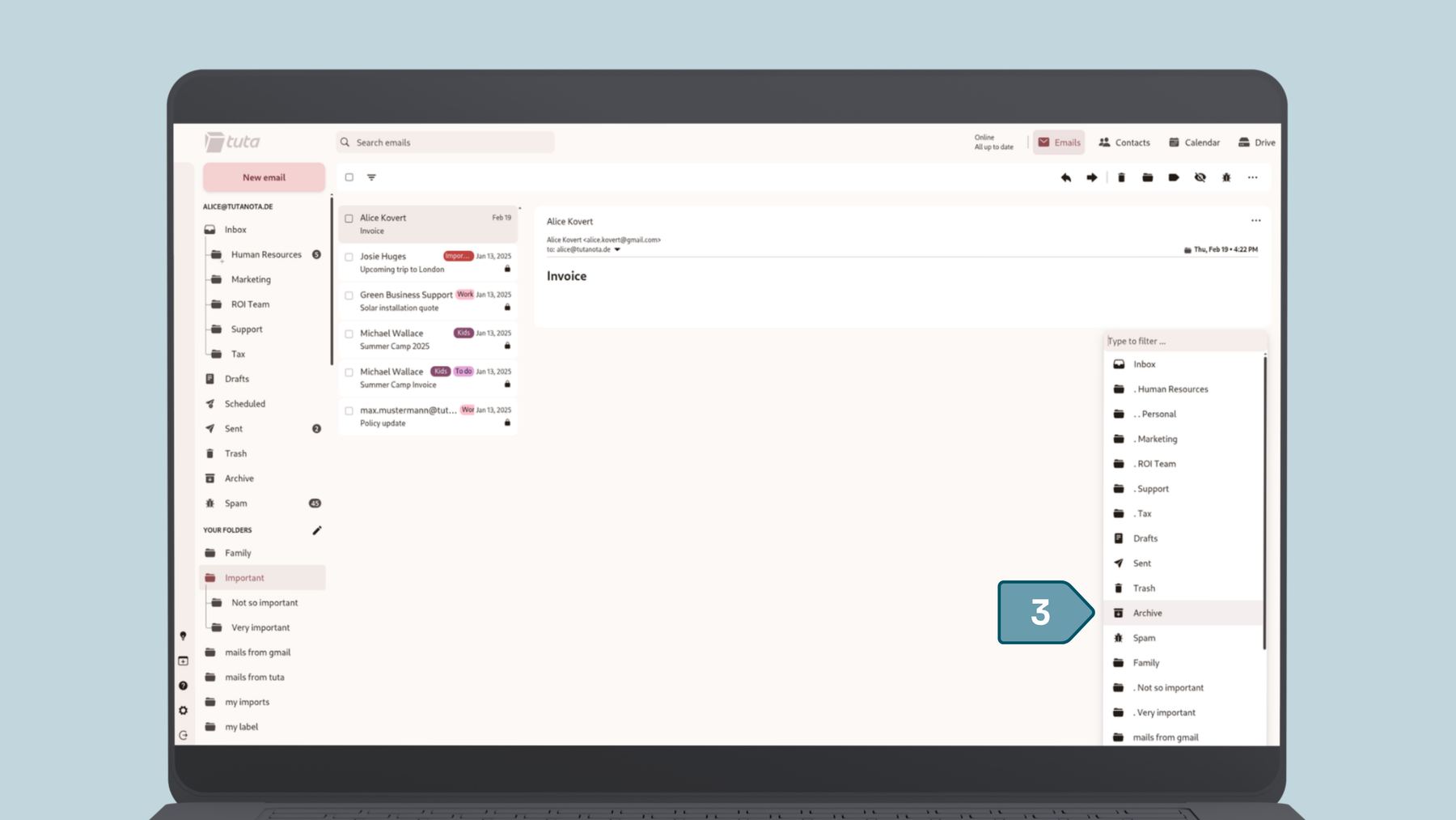 How to archive emails in Tuta Mail: Then select Archive folder from the menu.