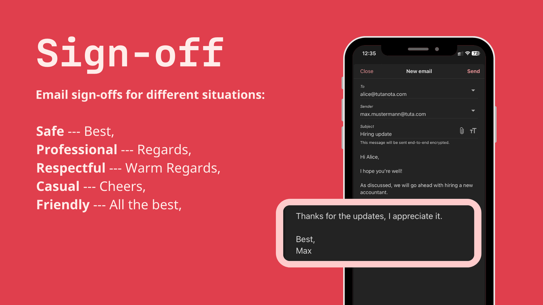 Email sign-offs for different situations: Best, Regards, Warm regards, Cheers, All the best, 