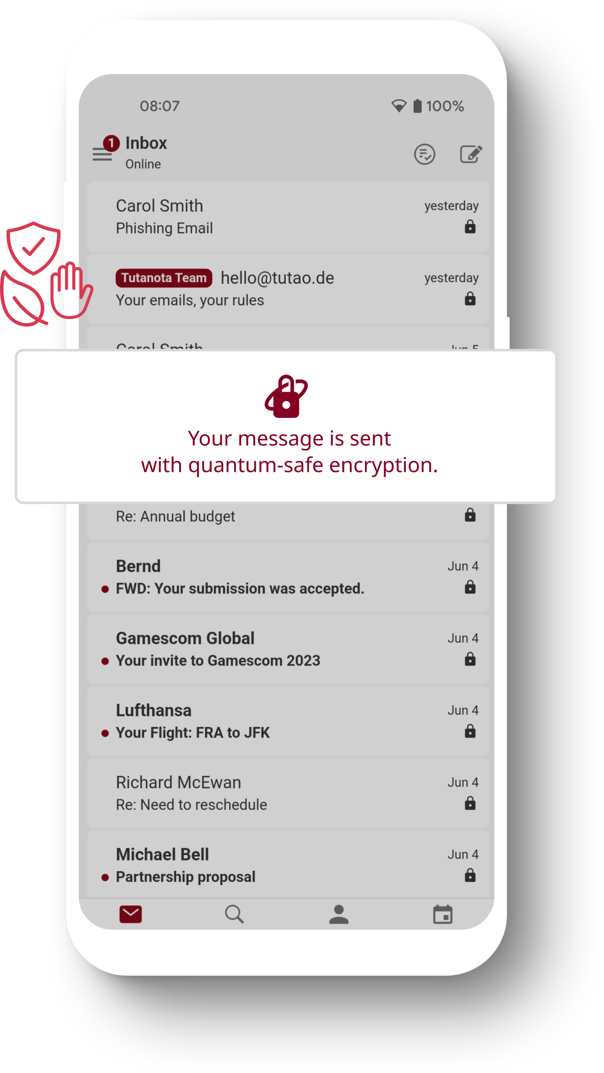 Phone with the secure Tuta Mail app open displaying the email inbox. Enlarged in front of the phone is a note saying "Your message is sent with quantum-safe encryption".