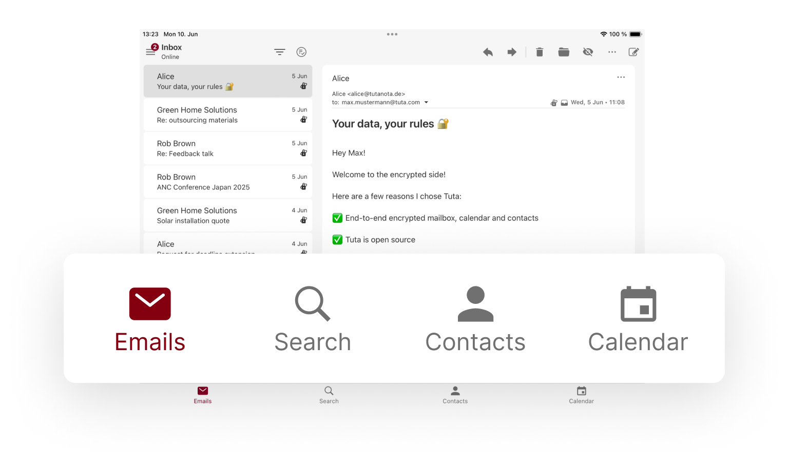 iPad with the Tuta Mail app opened displaying the inbox on the left and an opened email on the right. In front of the iPad is an enlarged Email, Search, Contacts and Calendar panel, with Email being highlighted.