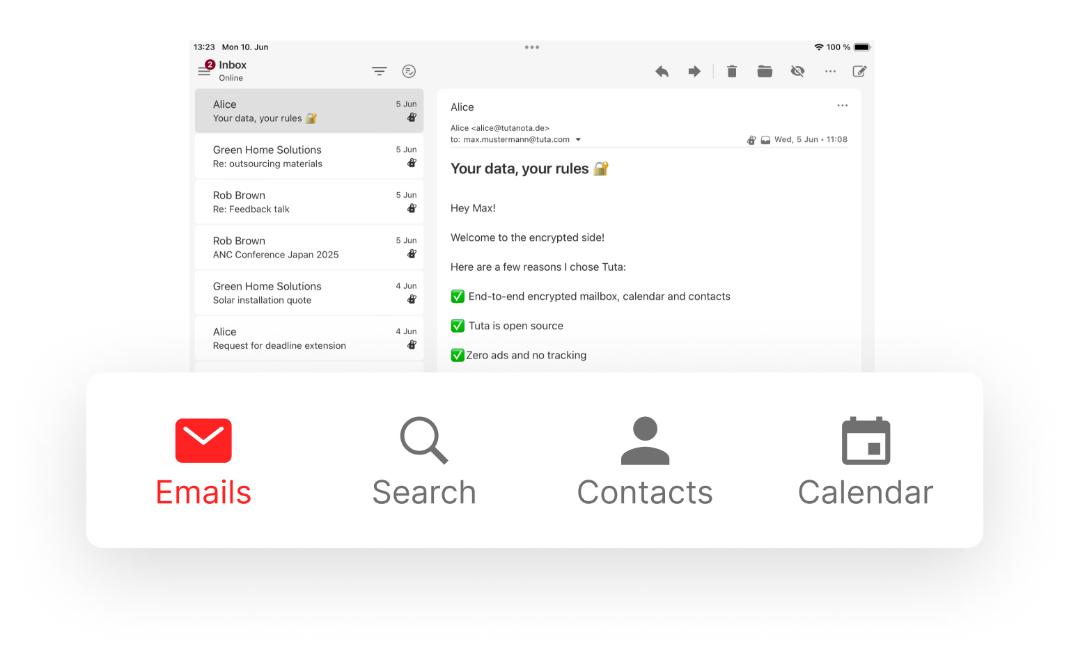 iPad met de Tuta Mail-app geopend met links de inbox en rechts een geopende e-mail. Aan de voorkant van de iPad is een vergroot paneel voor E-mail, Zoeken, Contacten en Agenda, waarbij E-mail is gemarkeerd.