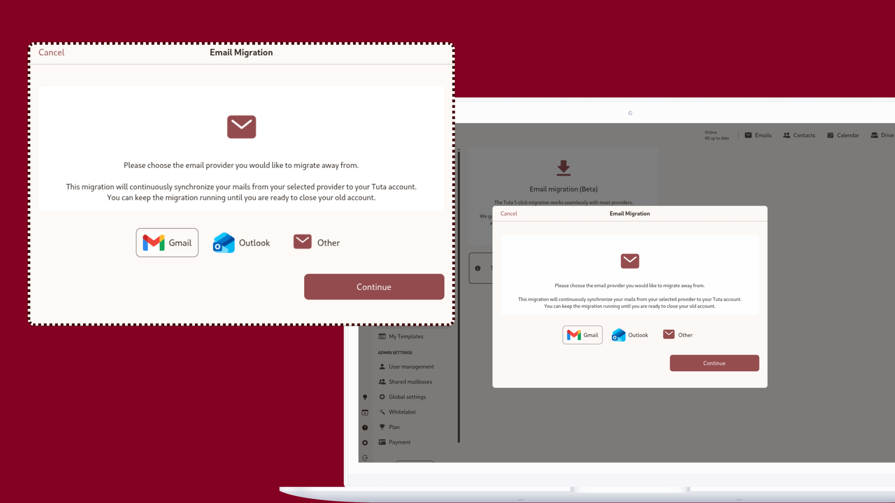Screenshot of Tuta Mail’s new One-click migration: Please choose the email provider you would like to migrate away from.