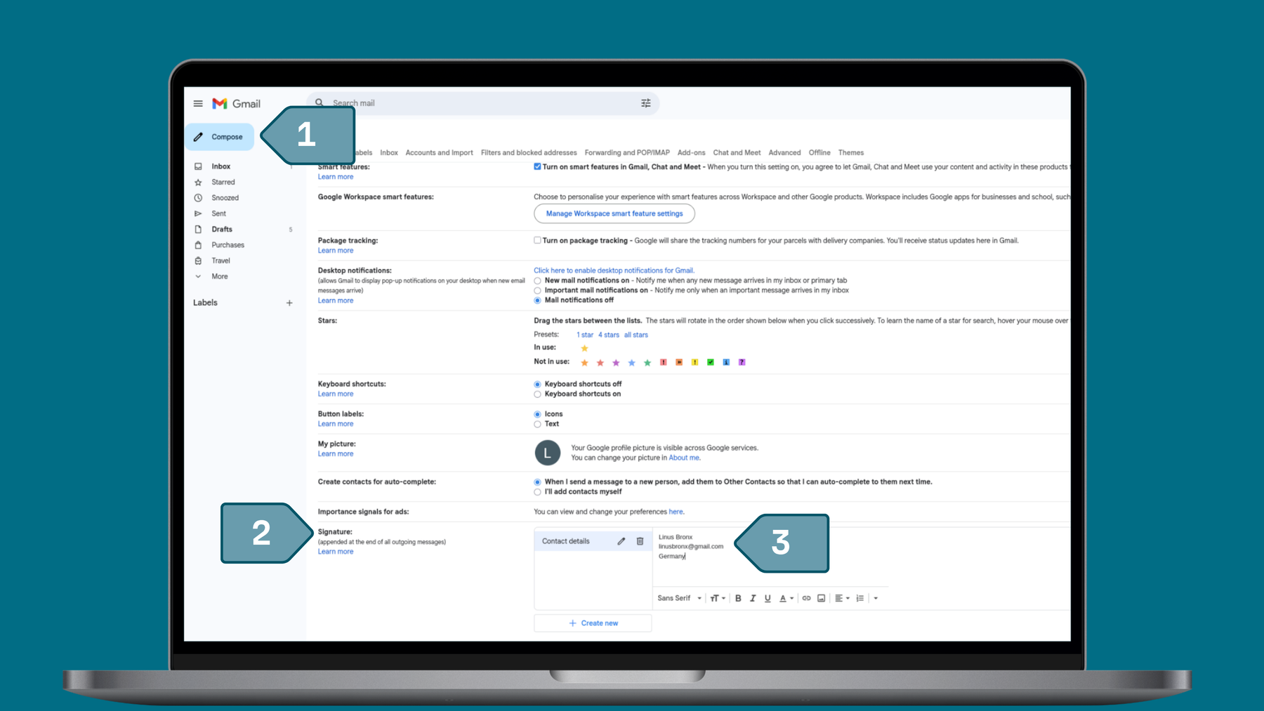 Screenshot from Gmail how to set up email signature, Step one: Go to See all settings, step two: go to the section called signature, step three: personalize your email signature and save your changes.