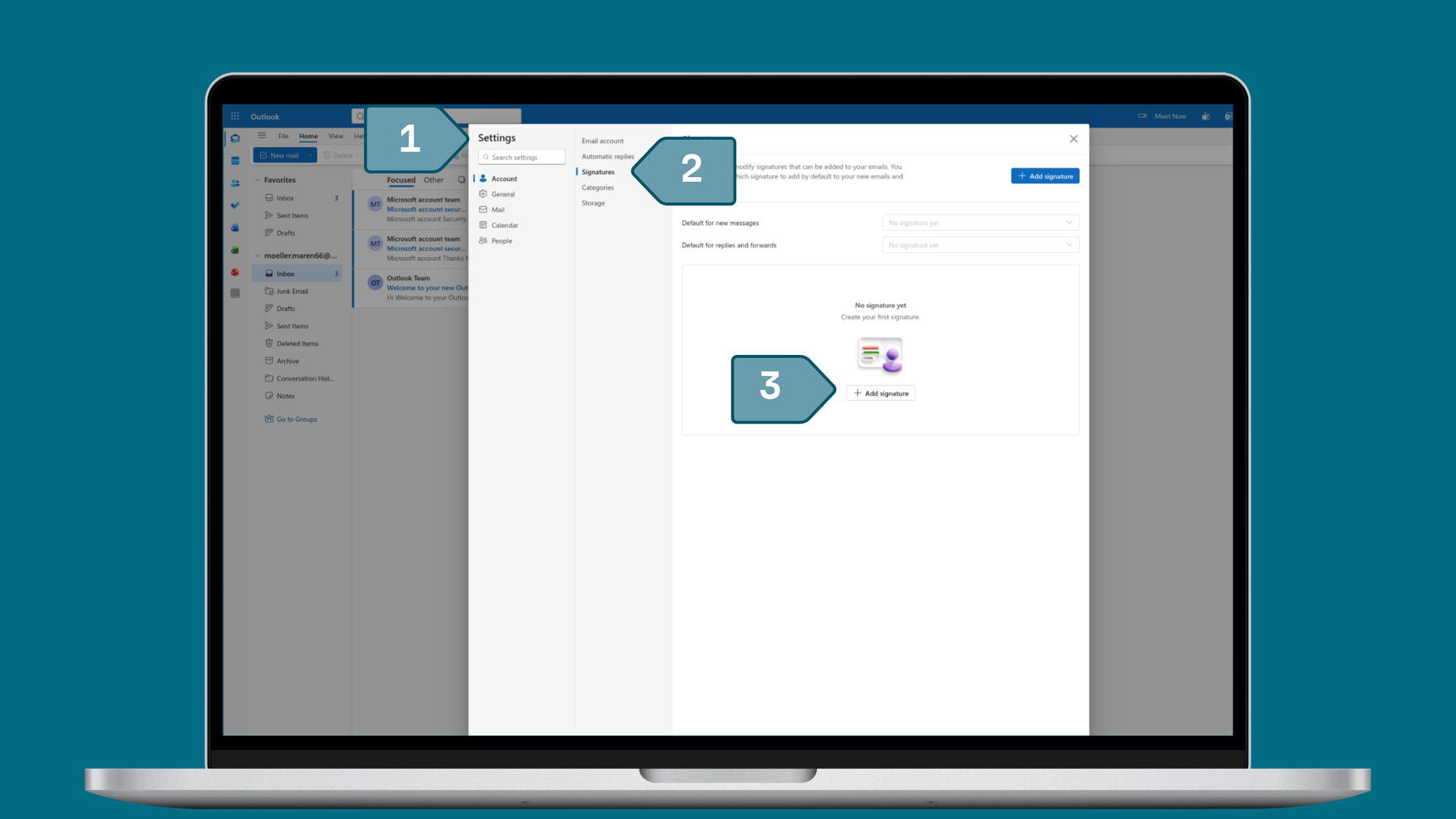 Screenshot from Tuta Mail how to set up an email signature, Step one: Go to Settings and then to Accounts step two: in the section of Signatures you can then personalize your signature.
