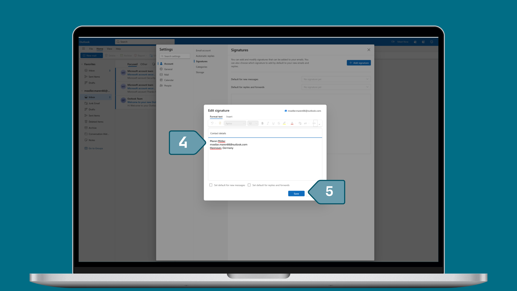 Screenshot from outlook how to set up an email signature, Step three and four and five: personalize your email signature and save your changes.