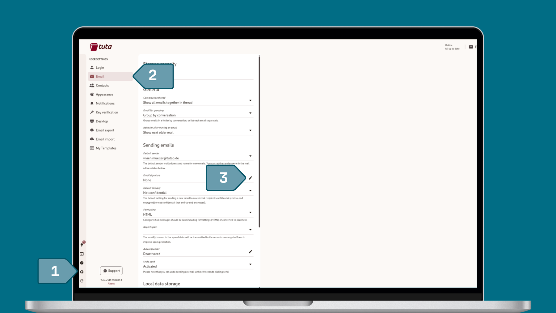 Screenshot from Tuta Mail how to set up an email signature, Step one: Go to Settings and then to Email segment, step two: under the heading sending emails you can then click on the edit pencil.
