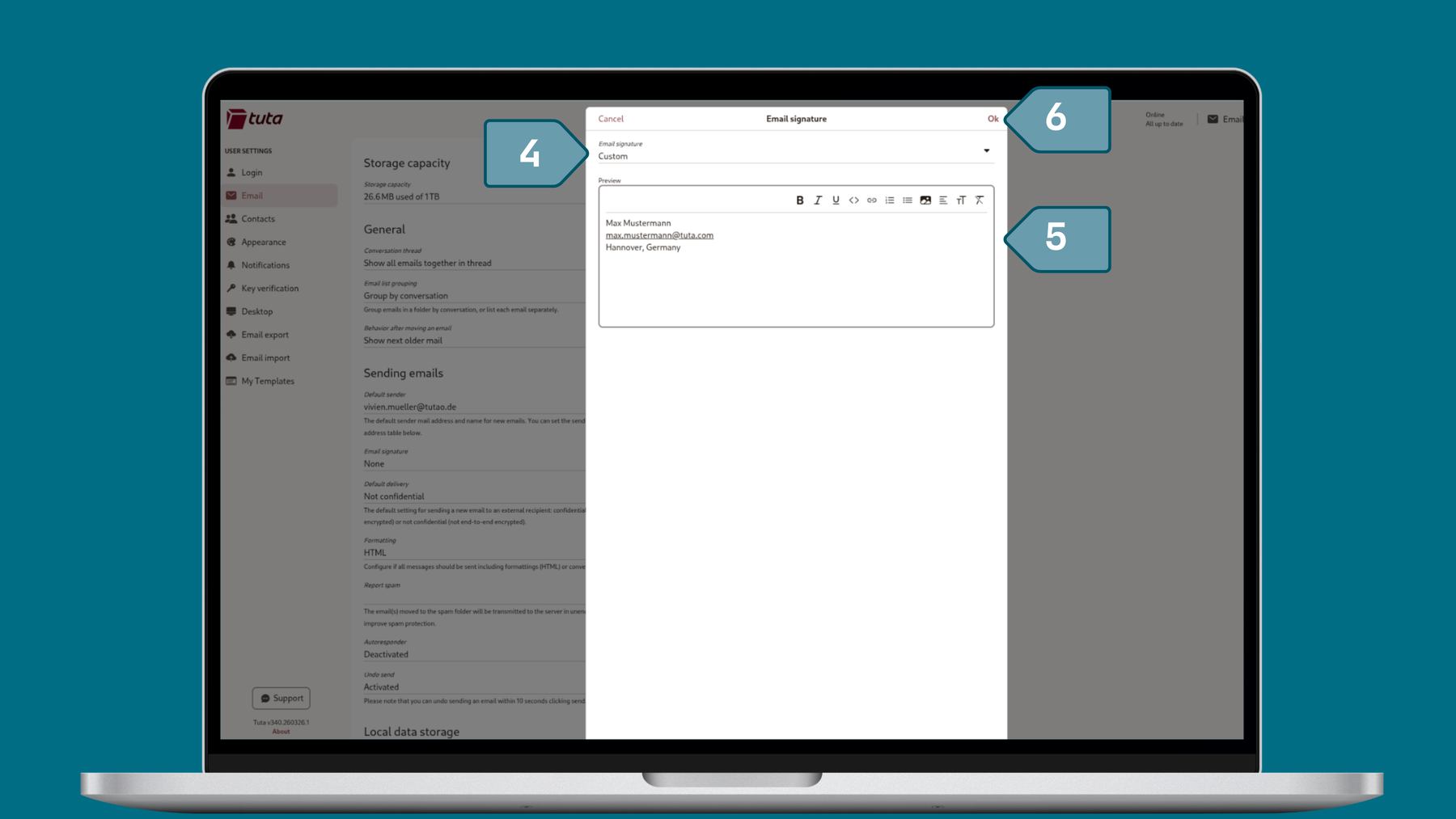 Screenshot from outlook how to set up an email signature, Step  four and five: personalize your email signature and save your changes.