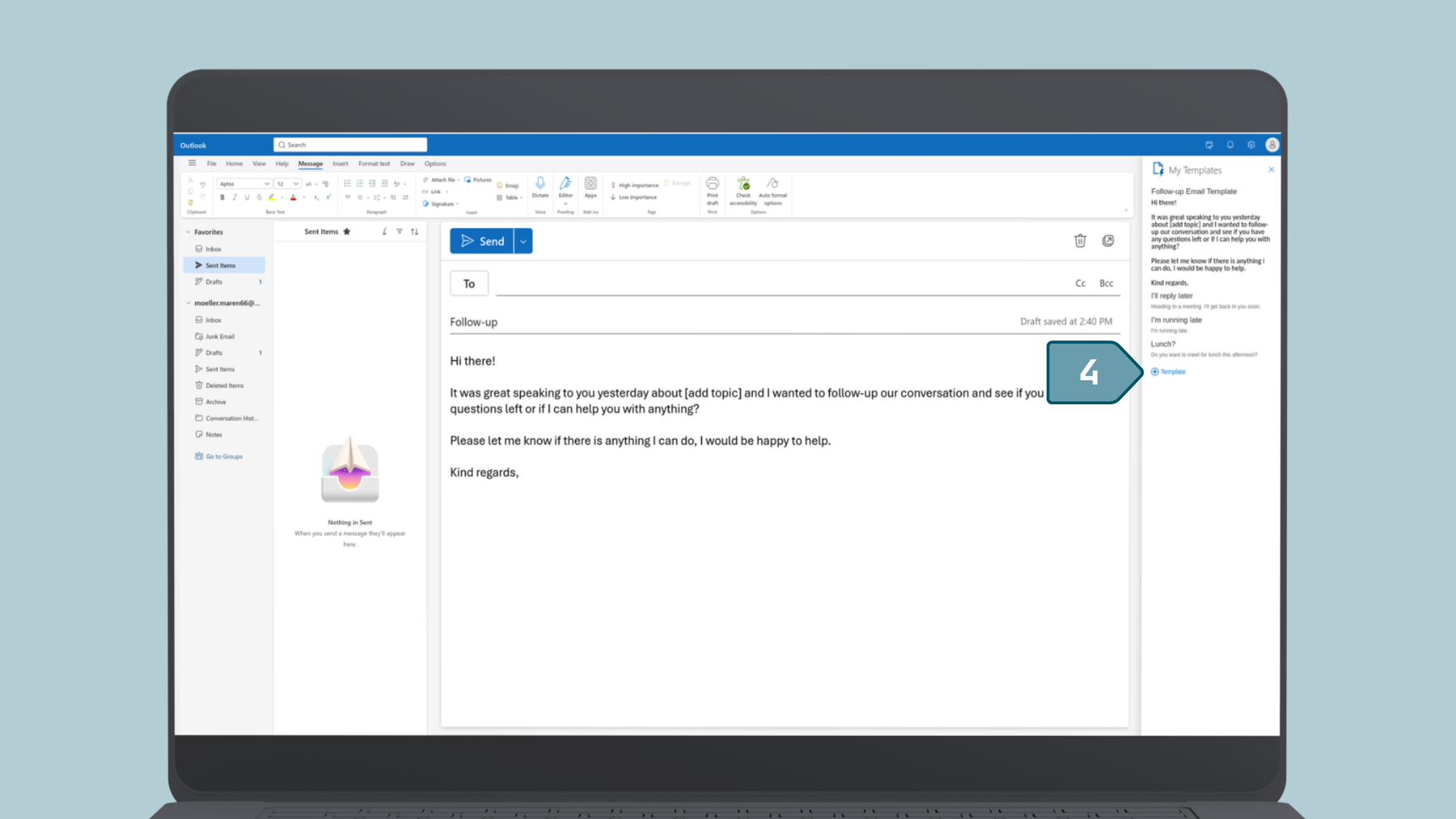 Screenshot from Outlook how to create an email template, Step four: Click on + templates.