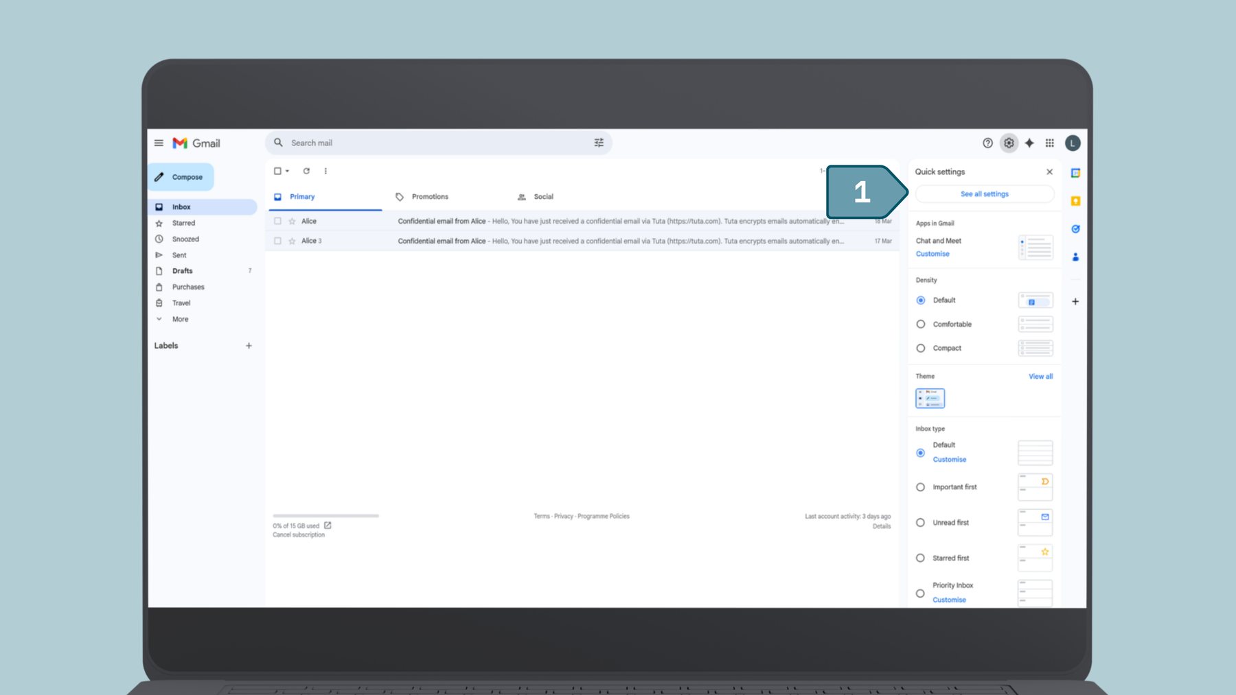 Screenshot from Gmail how to create and insert an email template, Step one: Go to Settings and then to See all settings.