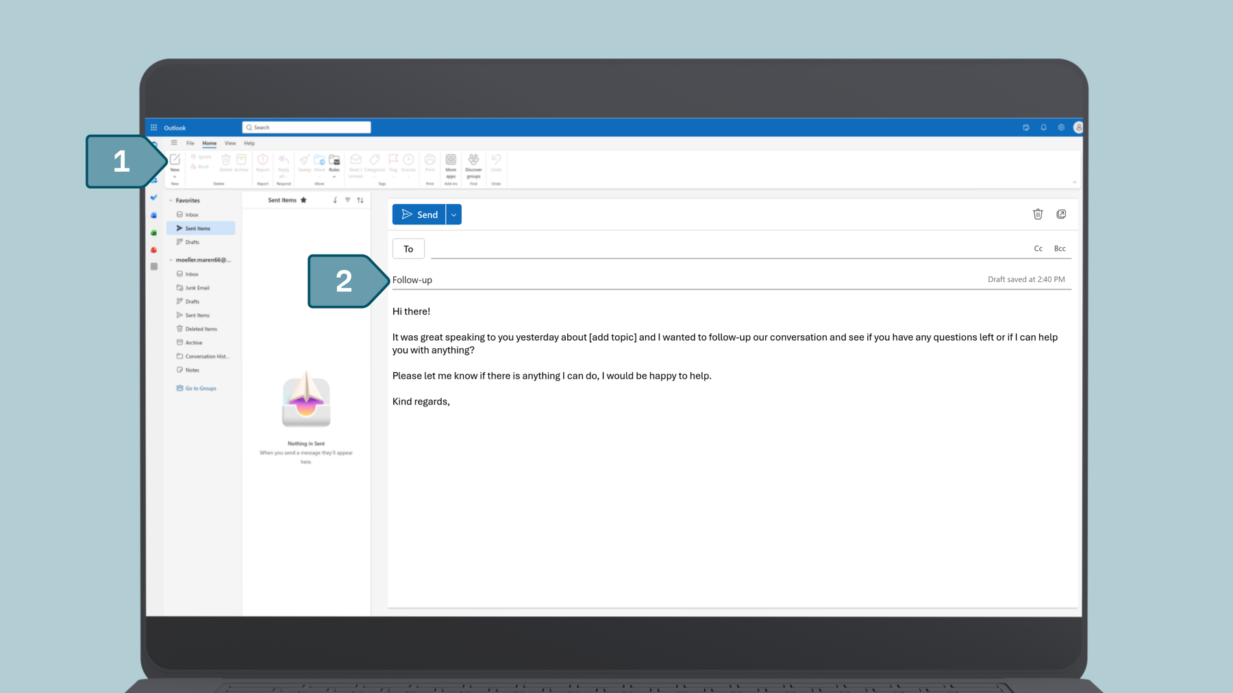 Screenshot from Outlook how to create an email template, Step one and two: Create a new email and compose your text.