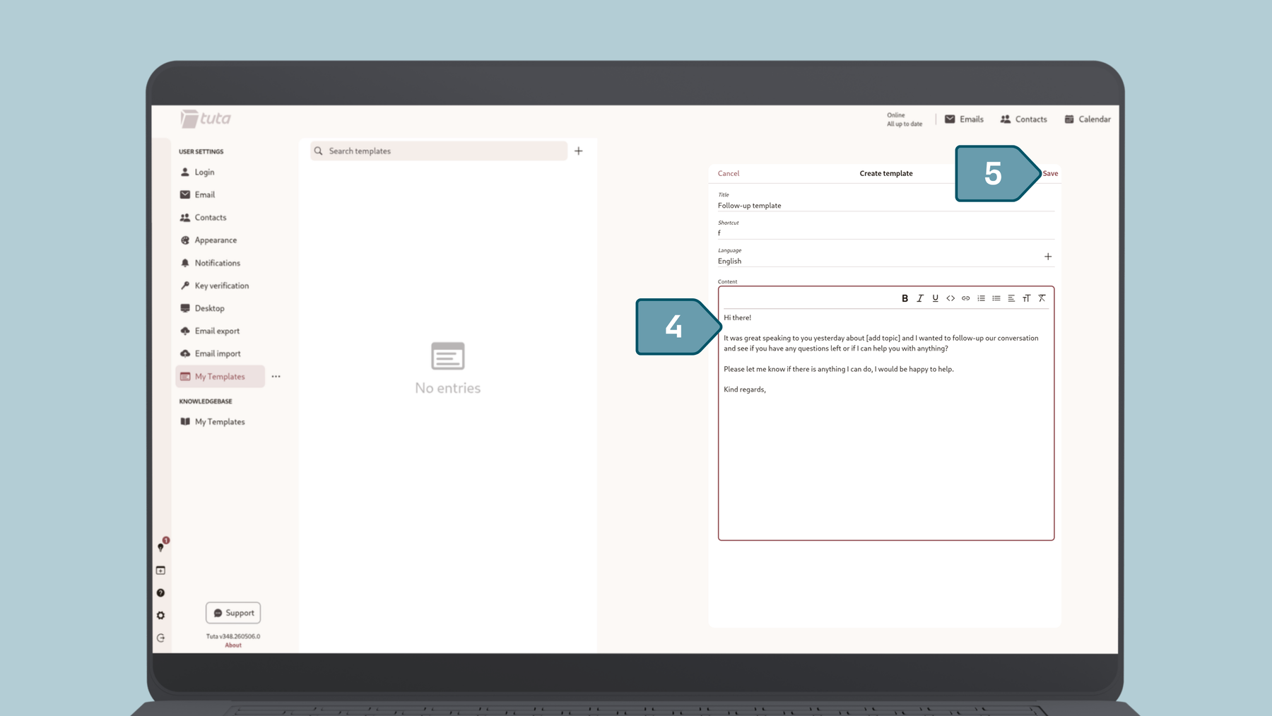 Screenshot from Tuta Mail how to create an email template, Step four: type in your template, select a shortcut, title and a language, step five: save your email template.