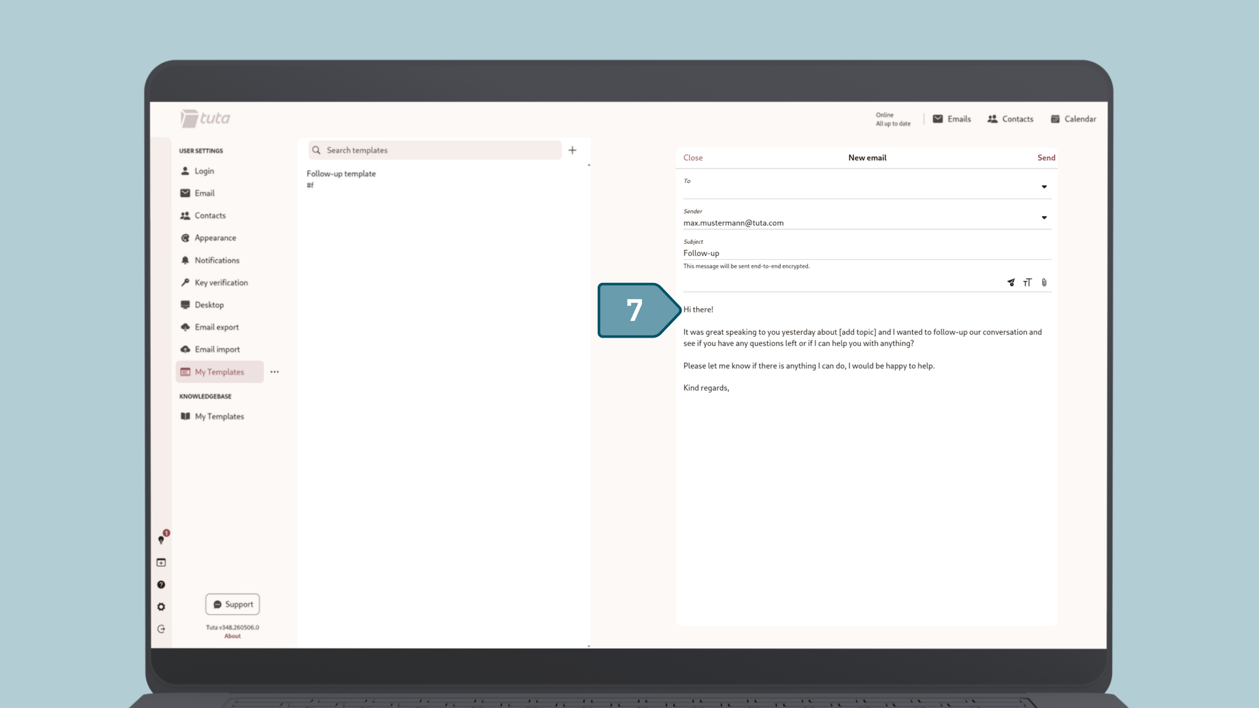 Screenshot from Tuta Mail how to insert an email template, Step seven: edit your email template or send it.