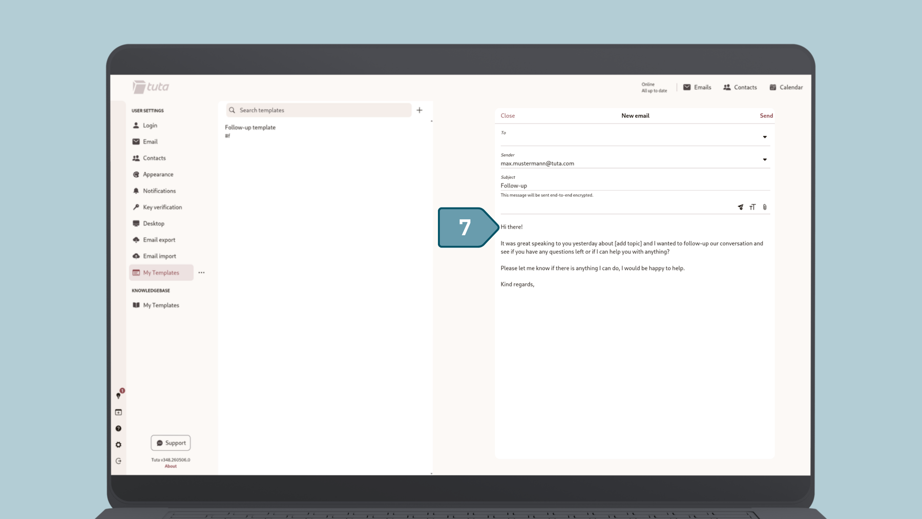 Screenshot from Tuta Mail how to insert an email template, Step seven: edit your email template or send it.