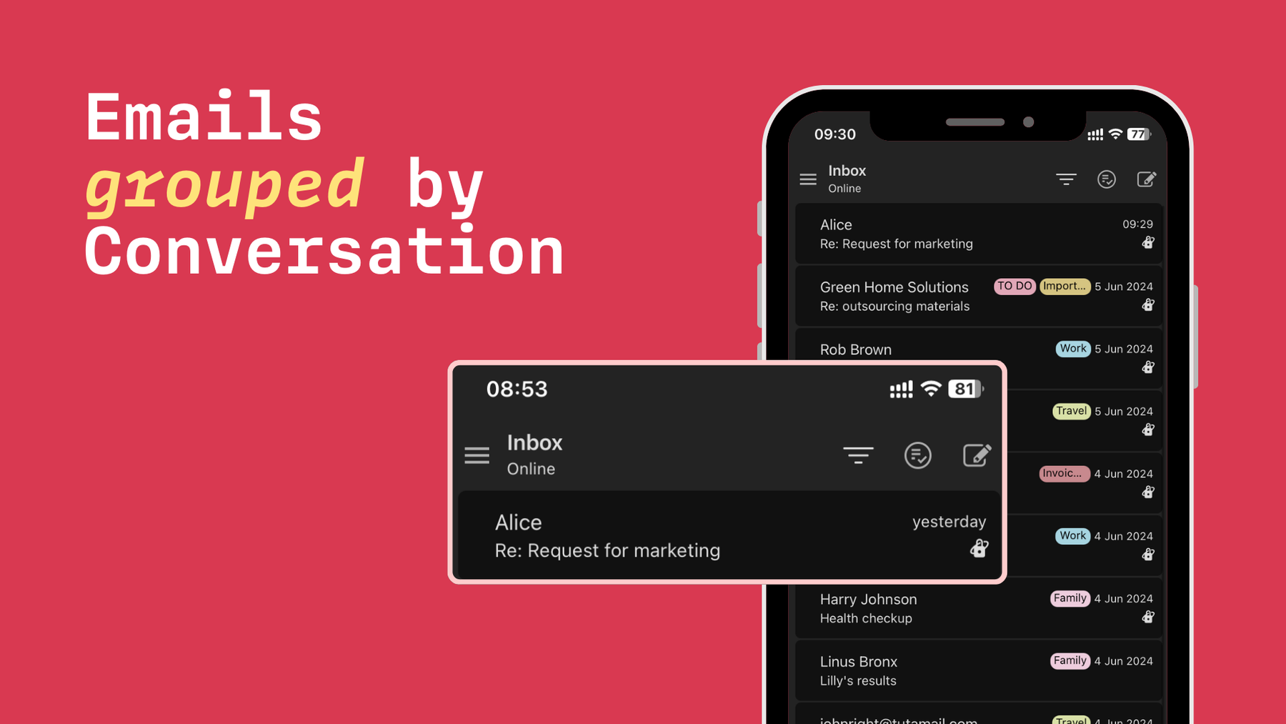 Emails grouped by conversation in Tuta Mail.