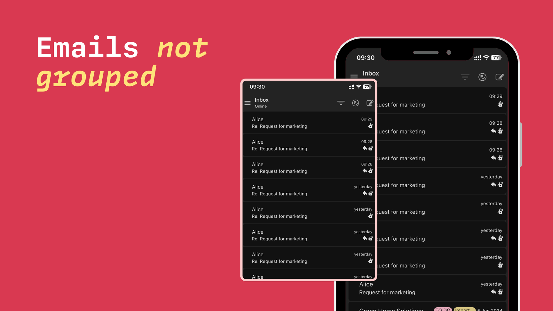 Emails not grouped by conversation in Tuta Mail.
