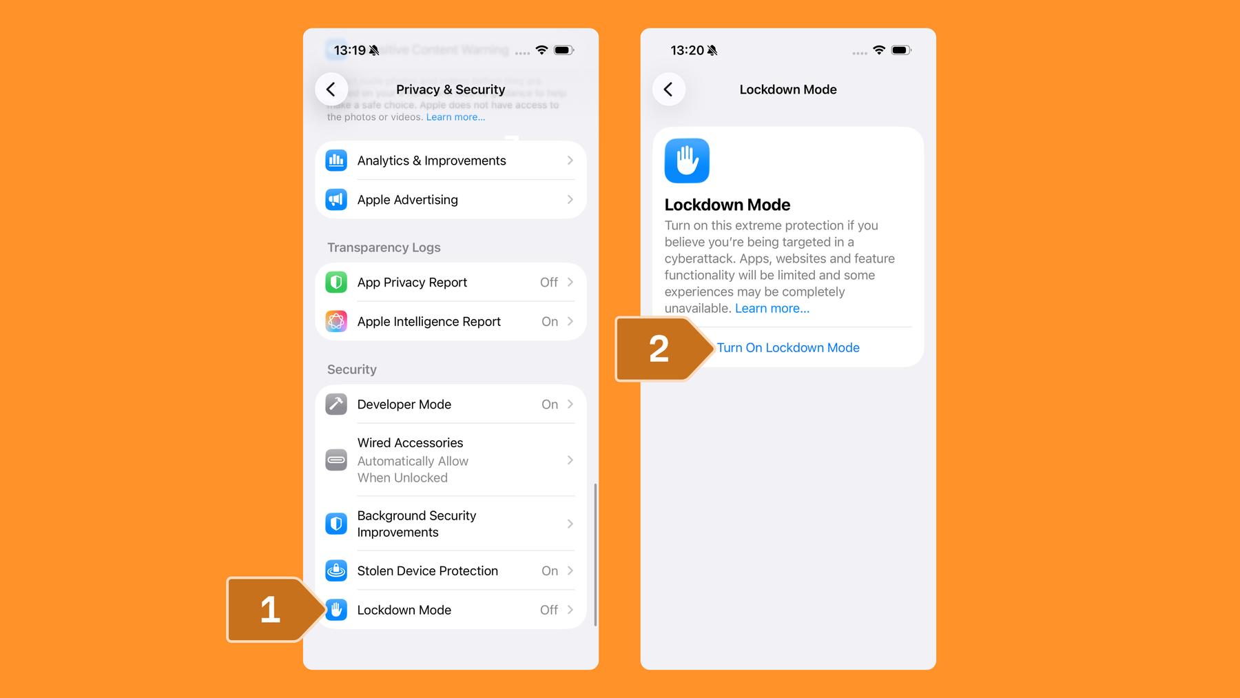 Screenshots showing how to enable lockdown mode on iPhone. Go to Settings > Privacy & Security > Lockdown Mode > Click Turn On Lockdown Mode.