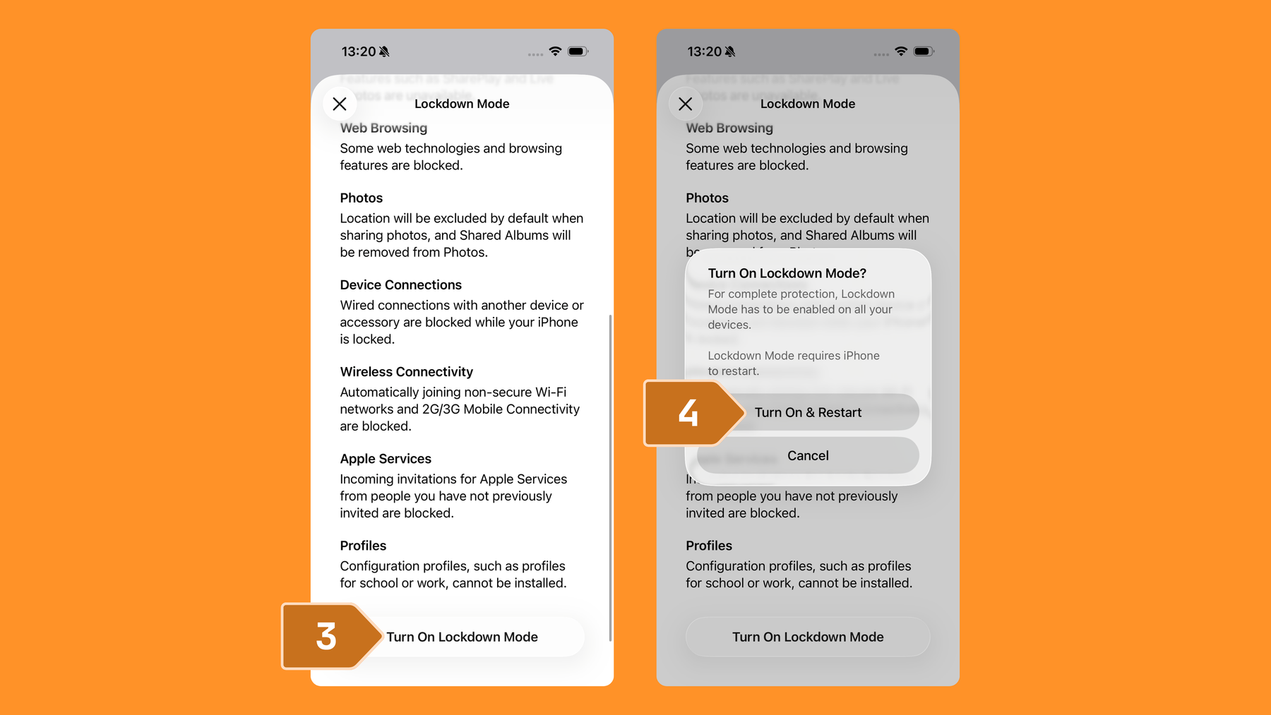 Screenshots showing how to enable lockdown mode on iPhone. Click Turn On Lockdown Mode > Click Turn On & Restart.