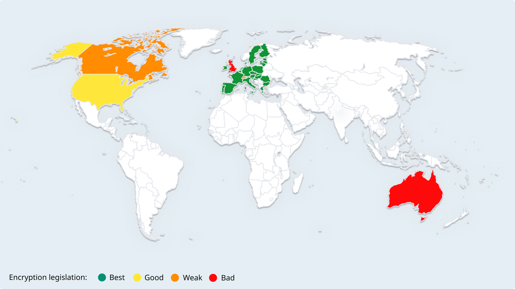 Encryption legislation global status: Australia and UK are worst, then Canada, then USA and Switzerland, and best location is the EU.