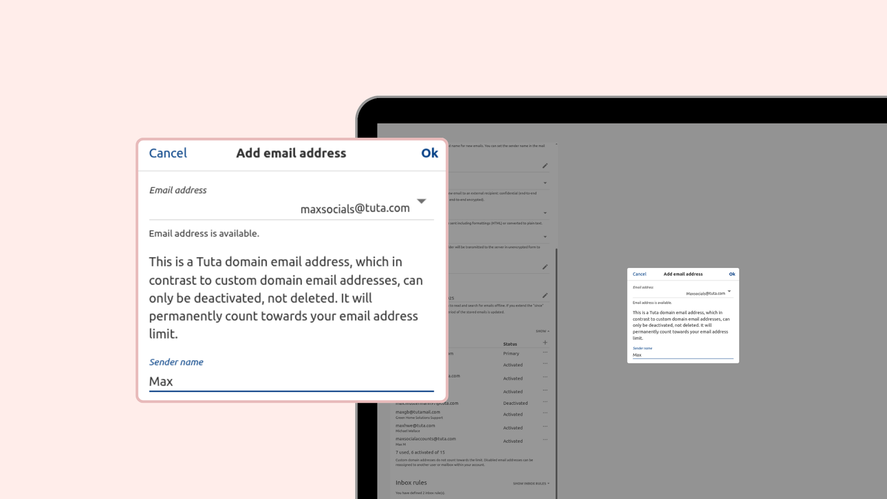 How to add an alias to your Tuta account: click the plus symbol to add an email address, enter the address and chose the domain name, enter the sender name and click ok.