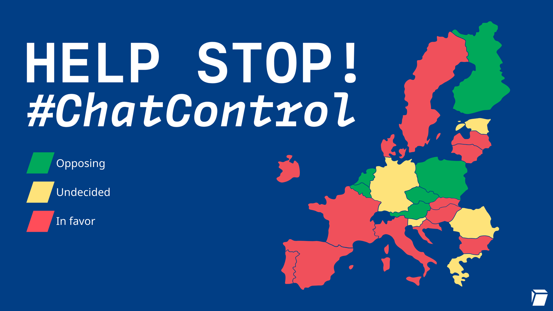 Karte der EU-Länder, die anzeigt, welche Länder für, welche neutral und welche gegen Chatkontrolle sind.