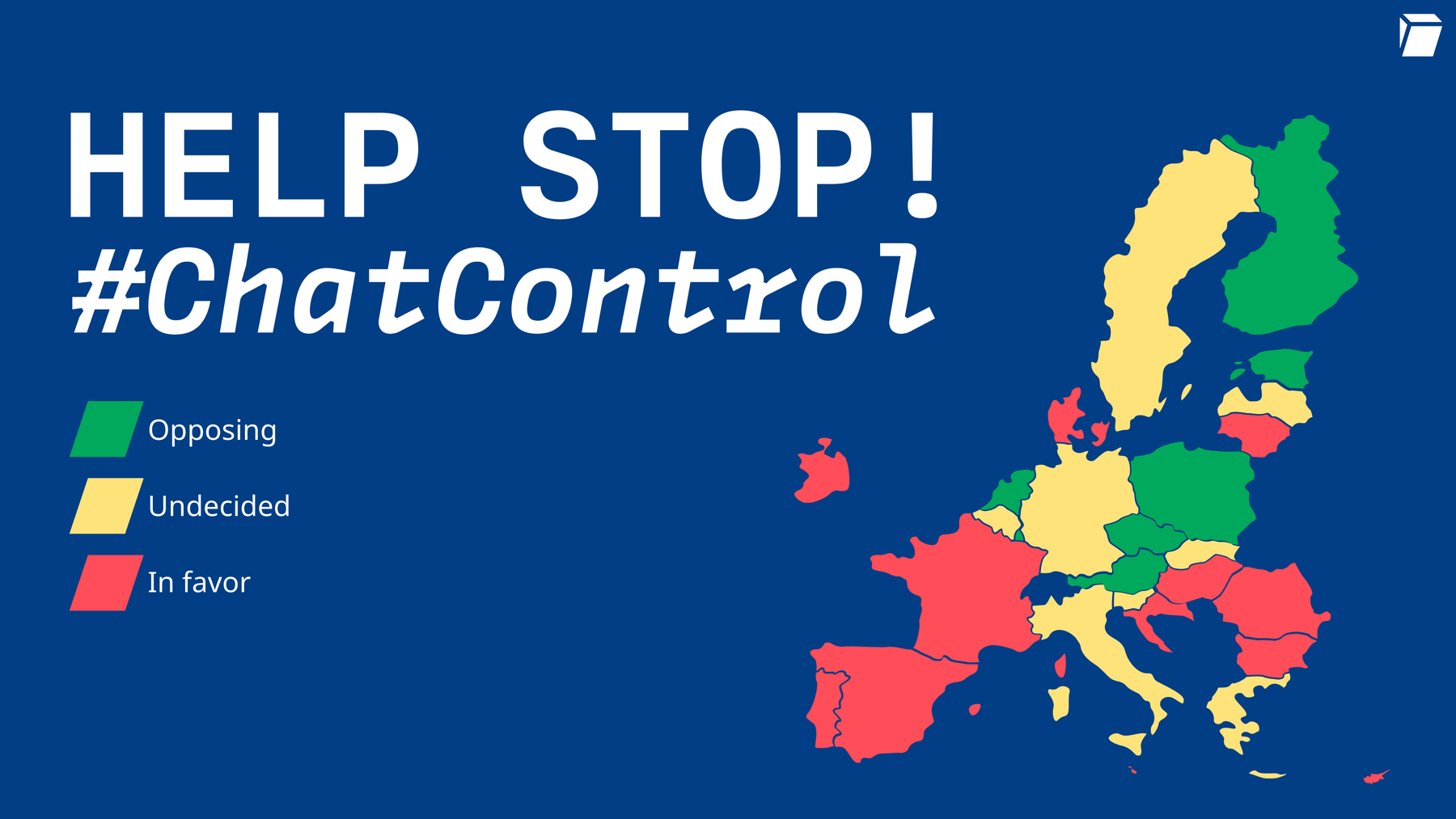 Karte der EU-Länder, die anzeigt, welche Länder für, welche neutral und welche gegen Chatkontrolle sind.