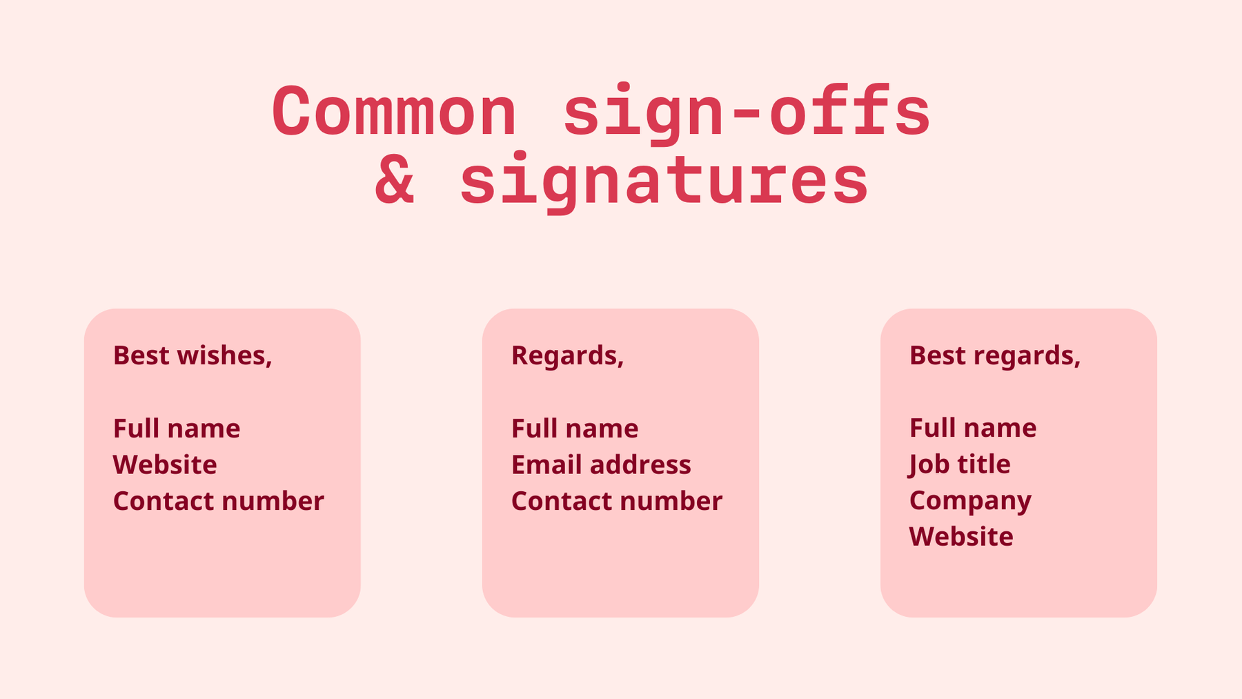 Examples of common email sign-offs and signatures.