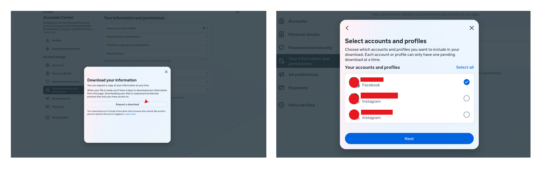 Facebook Download Info Account Selection