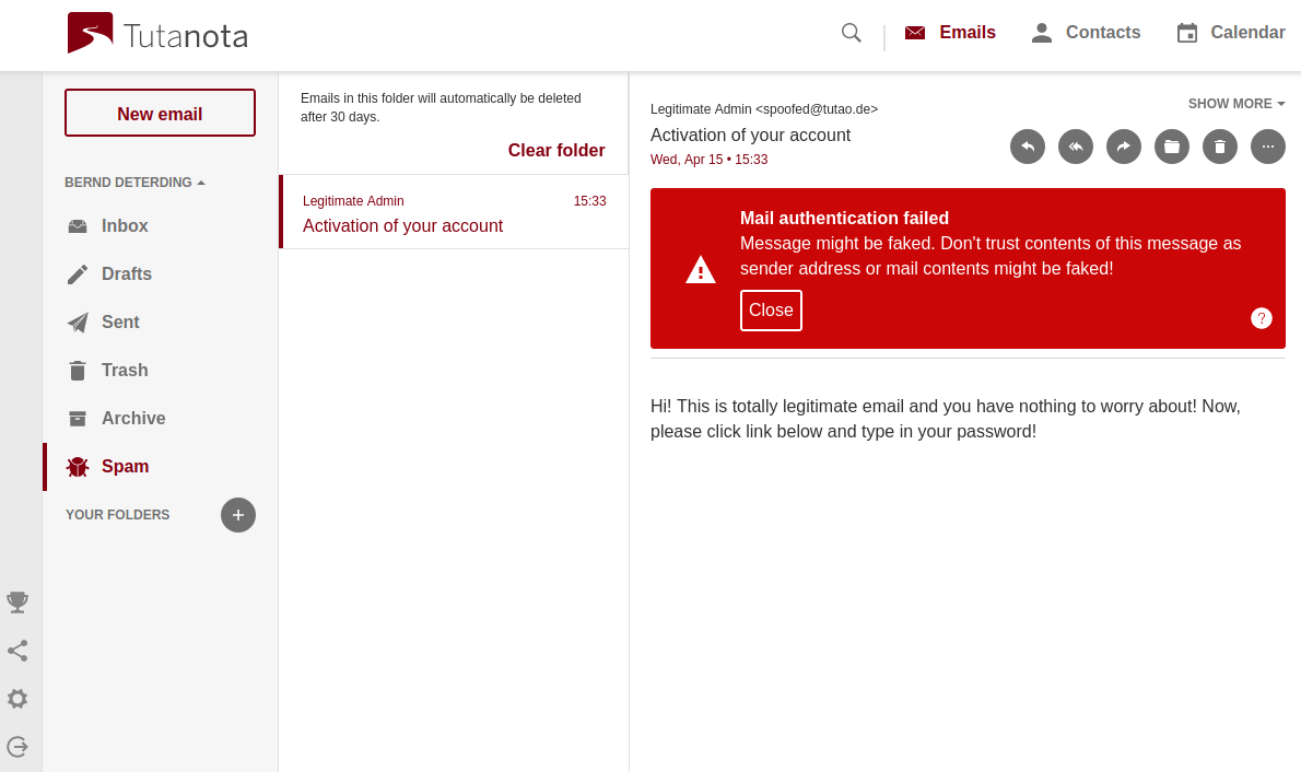 Failed authentication warning in Tutanota.