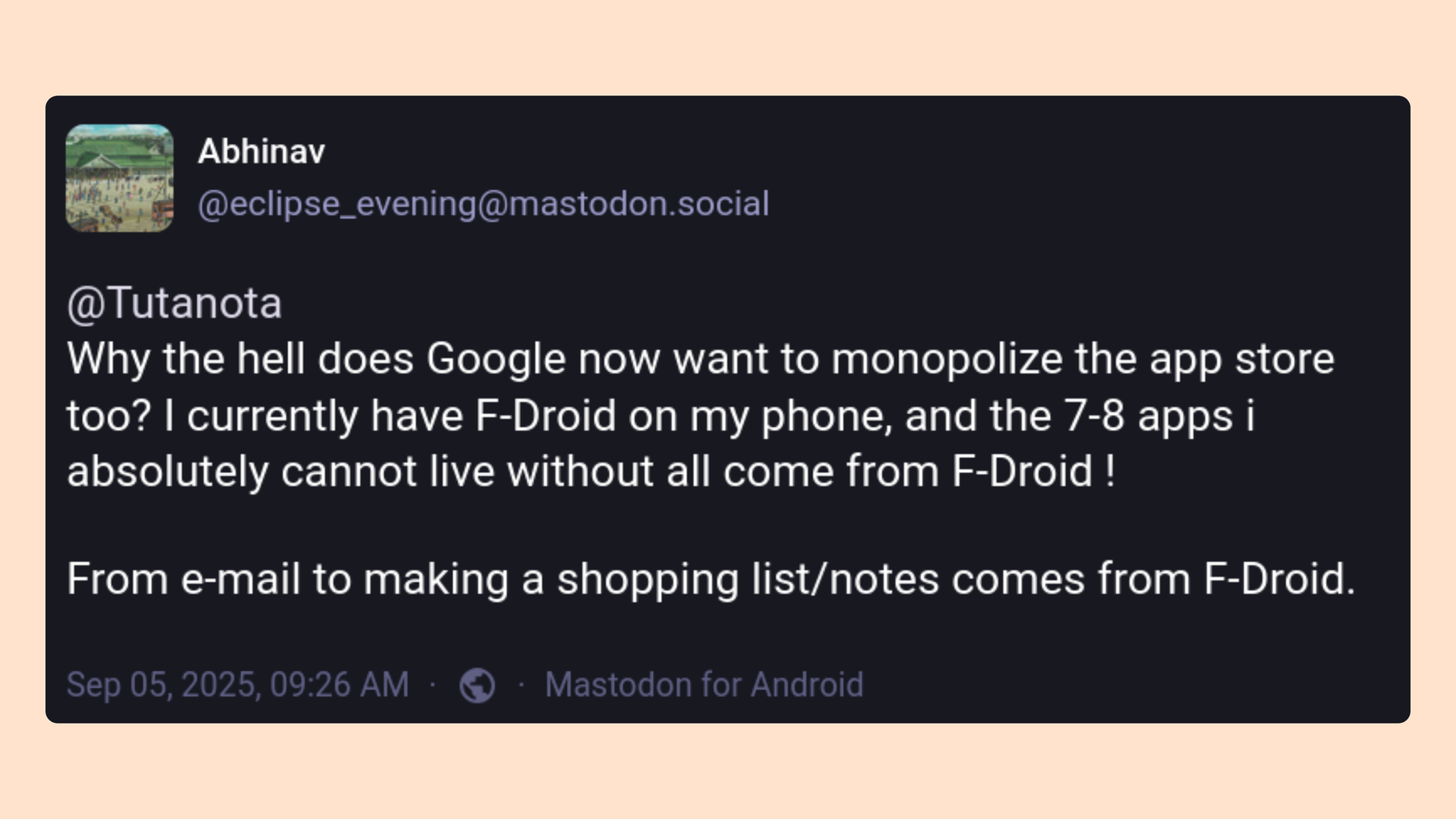 Ein Nutzer auf Mastodon kommentiert: "Warum zum Teufel will Google jetzt auch den App-Store monopolisieren? Ich habe derzeit F-Droid auf meinem Telefon, und die 7-8 Apps, ohne die ich absolut nicht leben kann, kommen alle von F-Droid!"