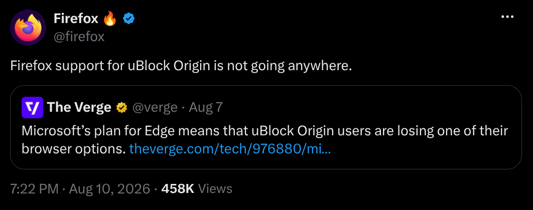 Firefox announcement that it will not kill support for uBlock Origin.