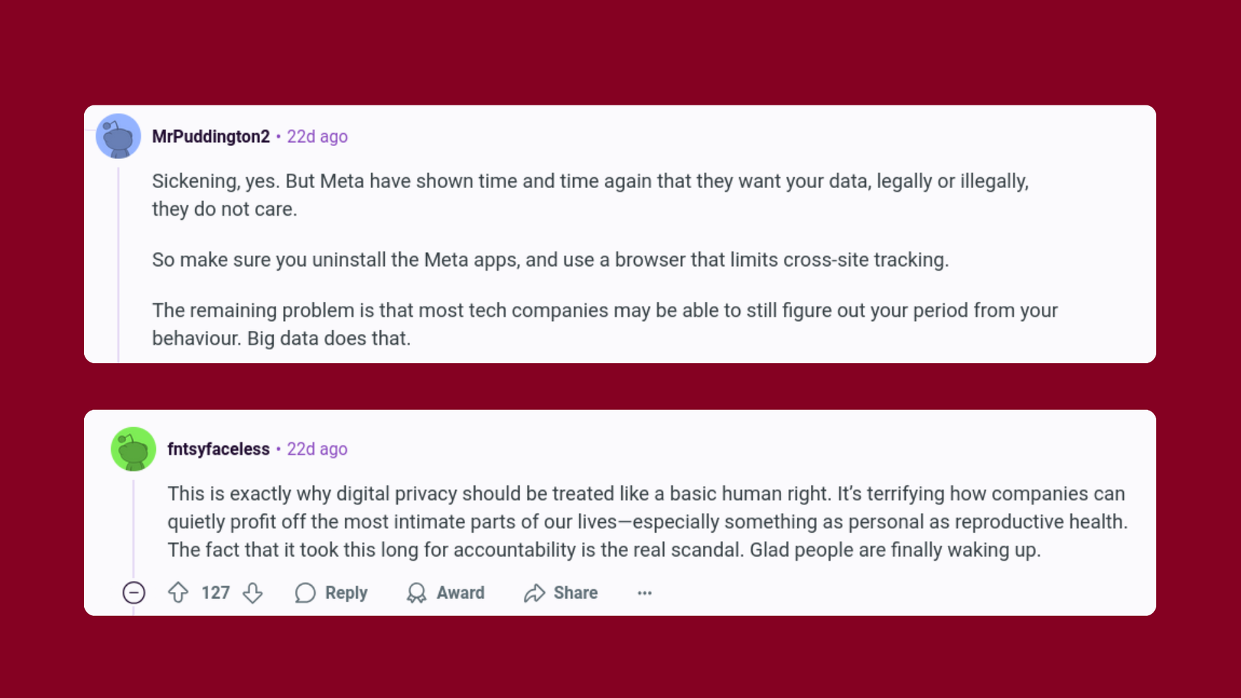 Screenshot from two Reddit posts where users share their opinions on the news that Meta illegally collected Flo users intimate data.