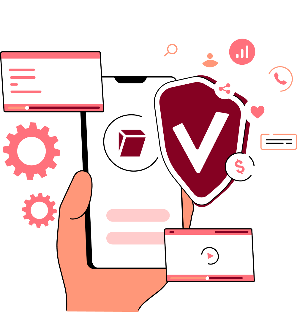 Illustration of a phone with Tuta logo on its screen, next to the phone is an enlarged shield with a check mark in it symbolizing the high level of security due to Tuta's encryption.