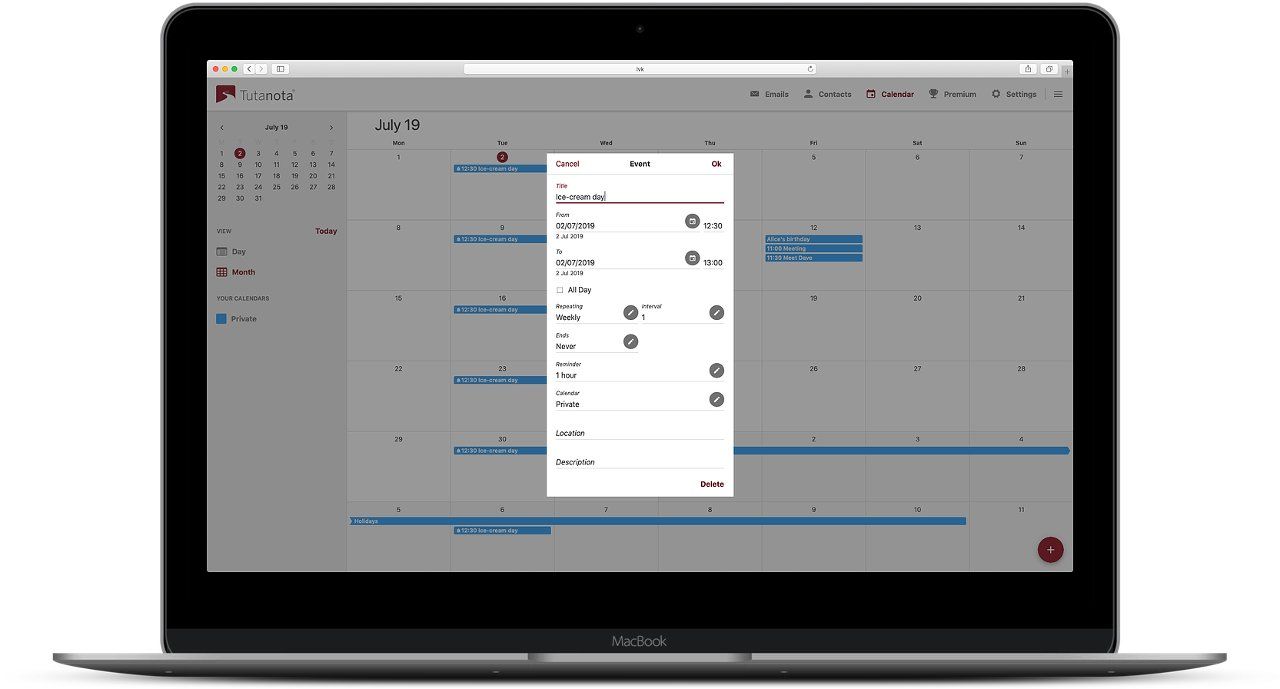 Tutanota’s free secure calendar on desktop.