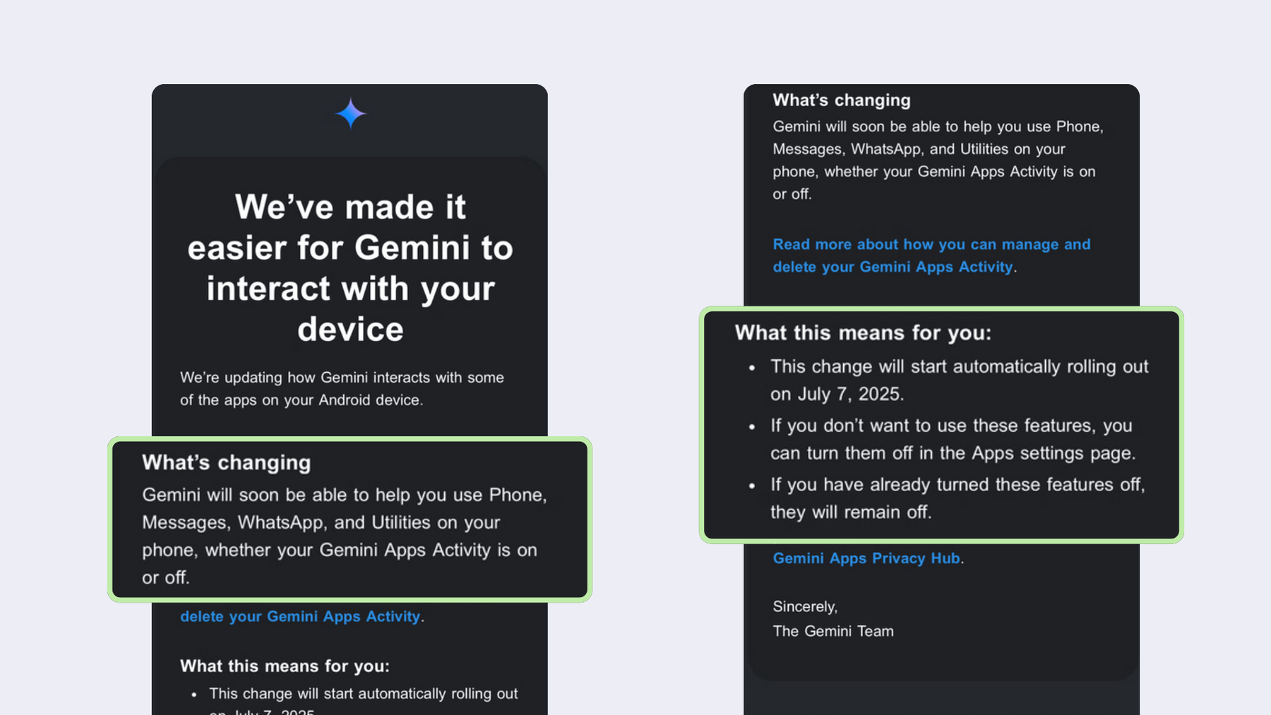 Screenshot of the email update: We’ve made it easier for Gemini to interact with your device. We’re updating how Gemini interacts with some of the apps on your Android device.