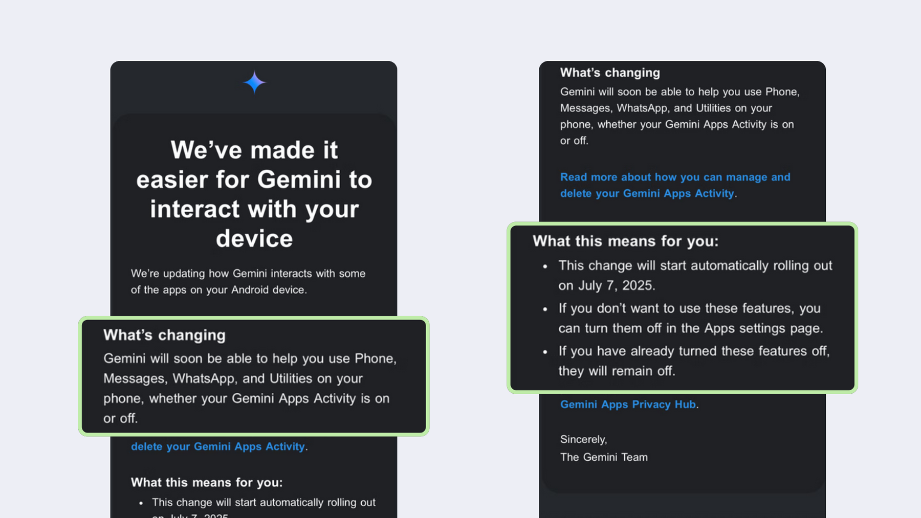 Screenshot of the email update: We've made it easier for Gemini to interact with your device. We're updating how Gemini interacts with some of the apps on your Android device.