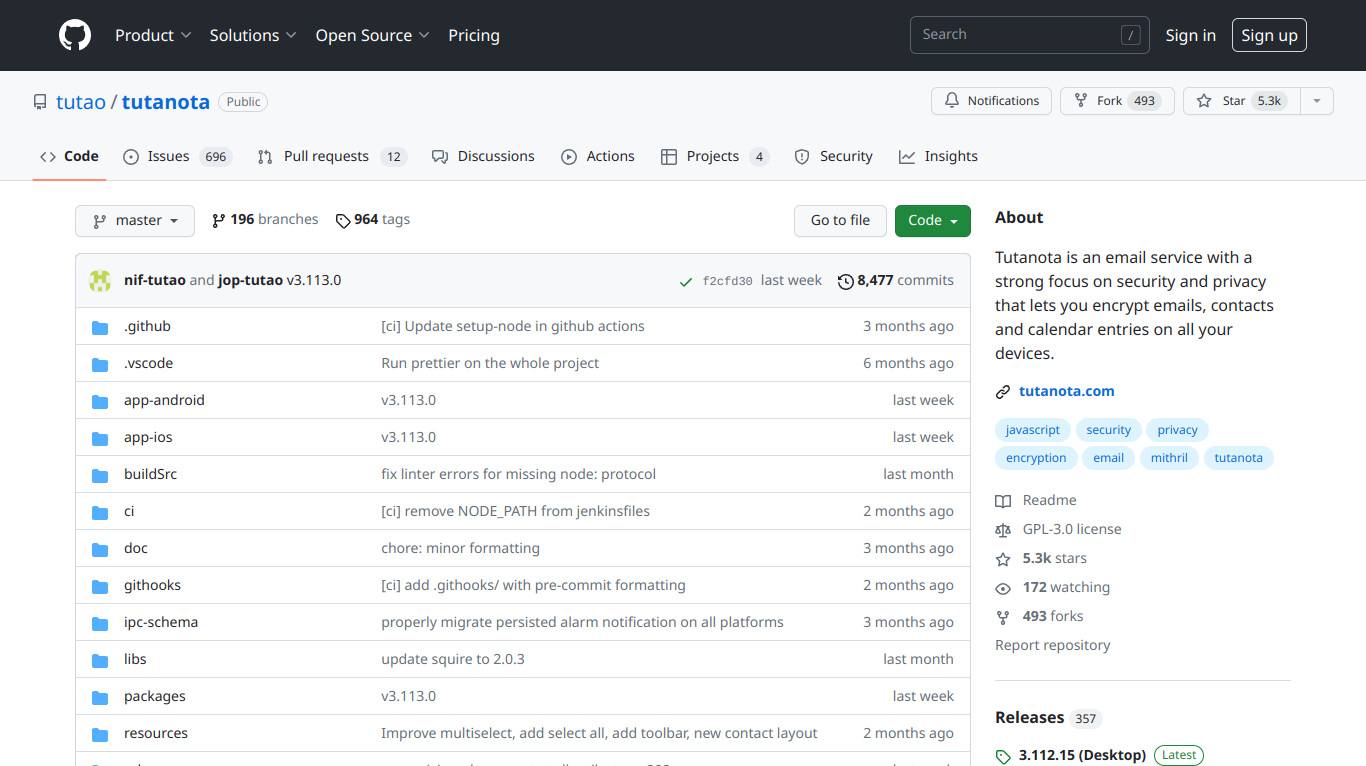 Repository GitHub di Tuta: tutto il codice client di Tuta è pubblicato come open source su GitHub.