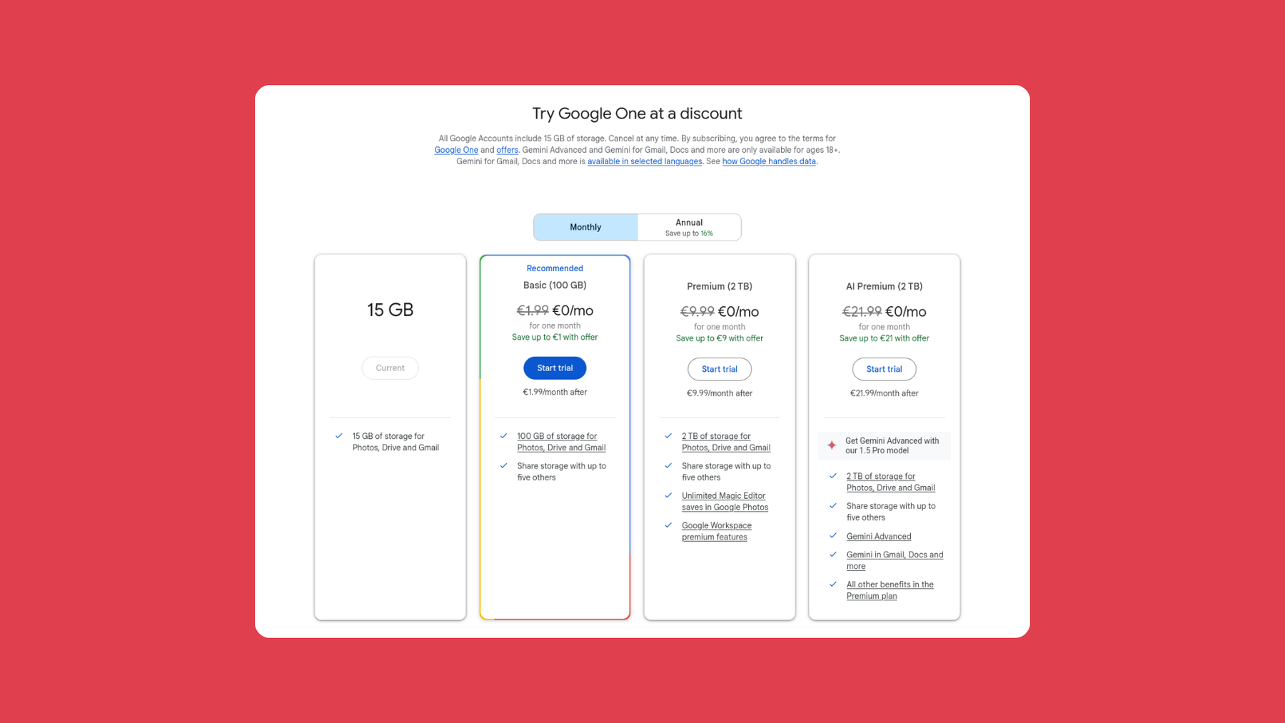 Google's Gmail Pricing: Free, Basic Plan, Premium Plan, and AI Premium plan; prices of 2024.