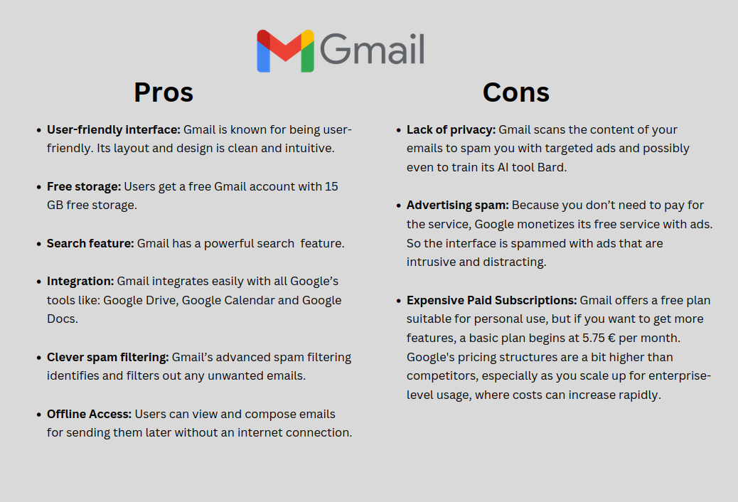 Gmail Pros and Cons in 2024. Pros: interface, free storage, search, integration, spam, offline. Cons: privacy issues, advertisement, high price