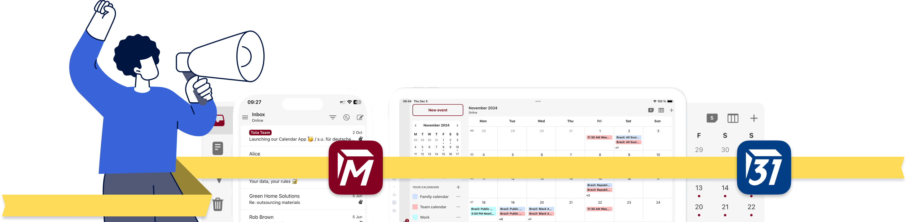 Screenshots of Tuta Mail and Tuta Calendar with birthday wrapping.