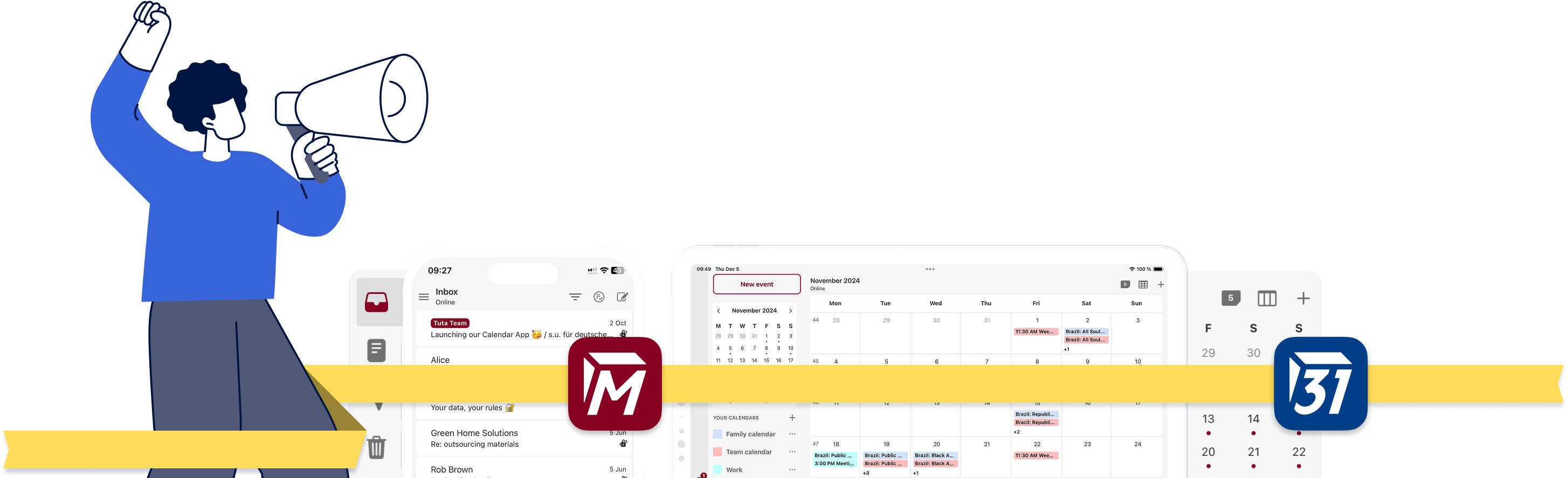 Screenshots von Tuta Mail und Tuta Calendar mit Geburtstagsumschlag.