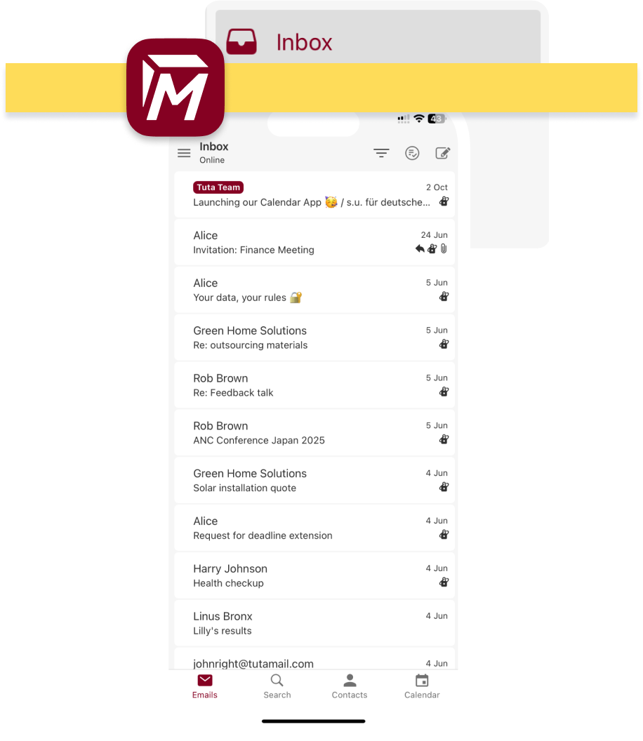 Screenshots von Tuta Mail und Tuta Calendar mit Geburtstagsumschlag.