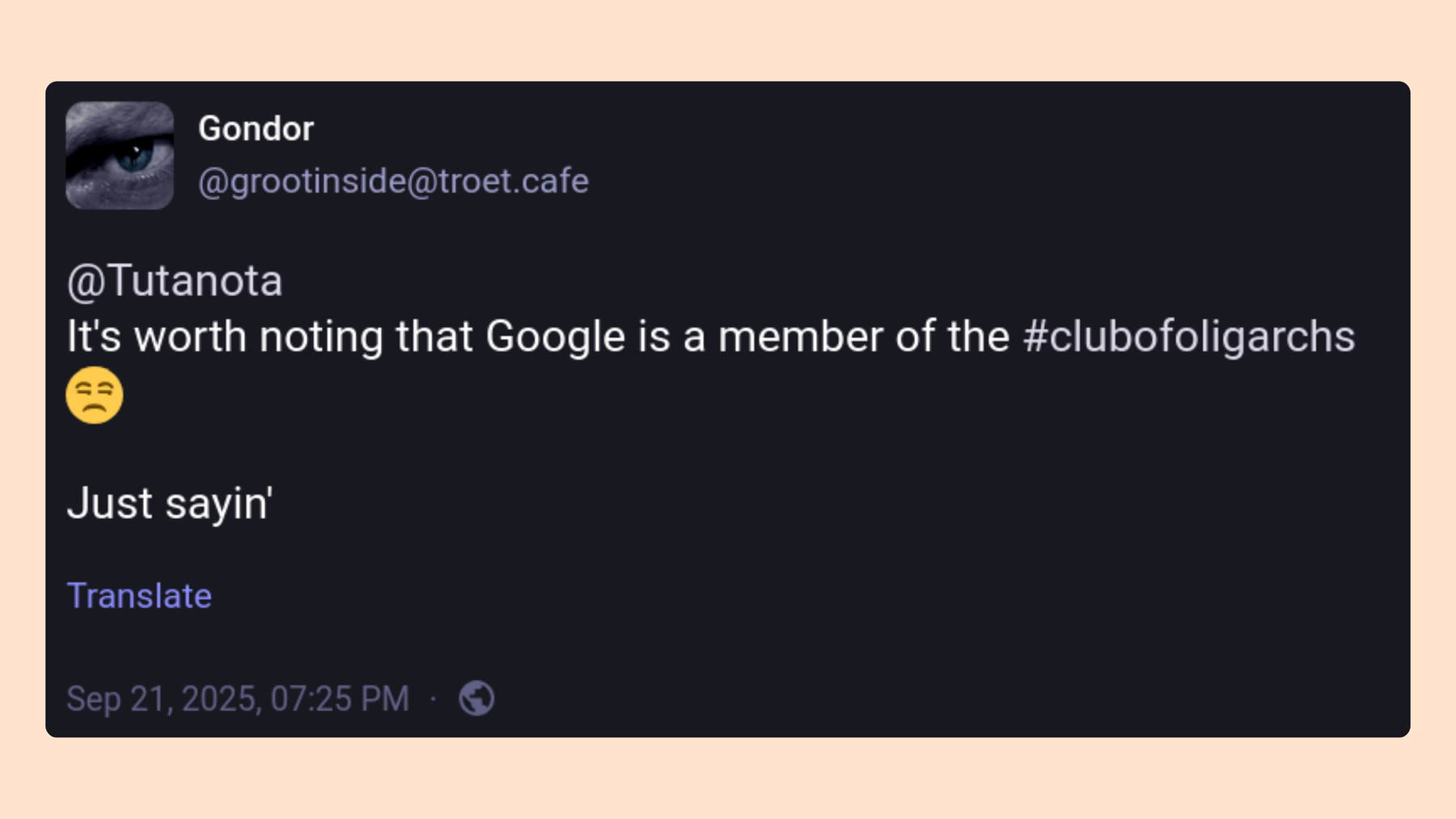 User on Mastodon commenting: "It's worth noting that Google is a member of the #clubofoligarch"