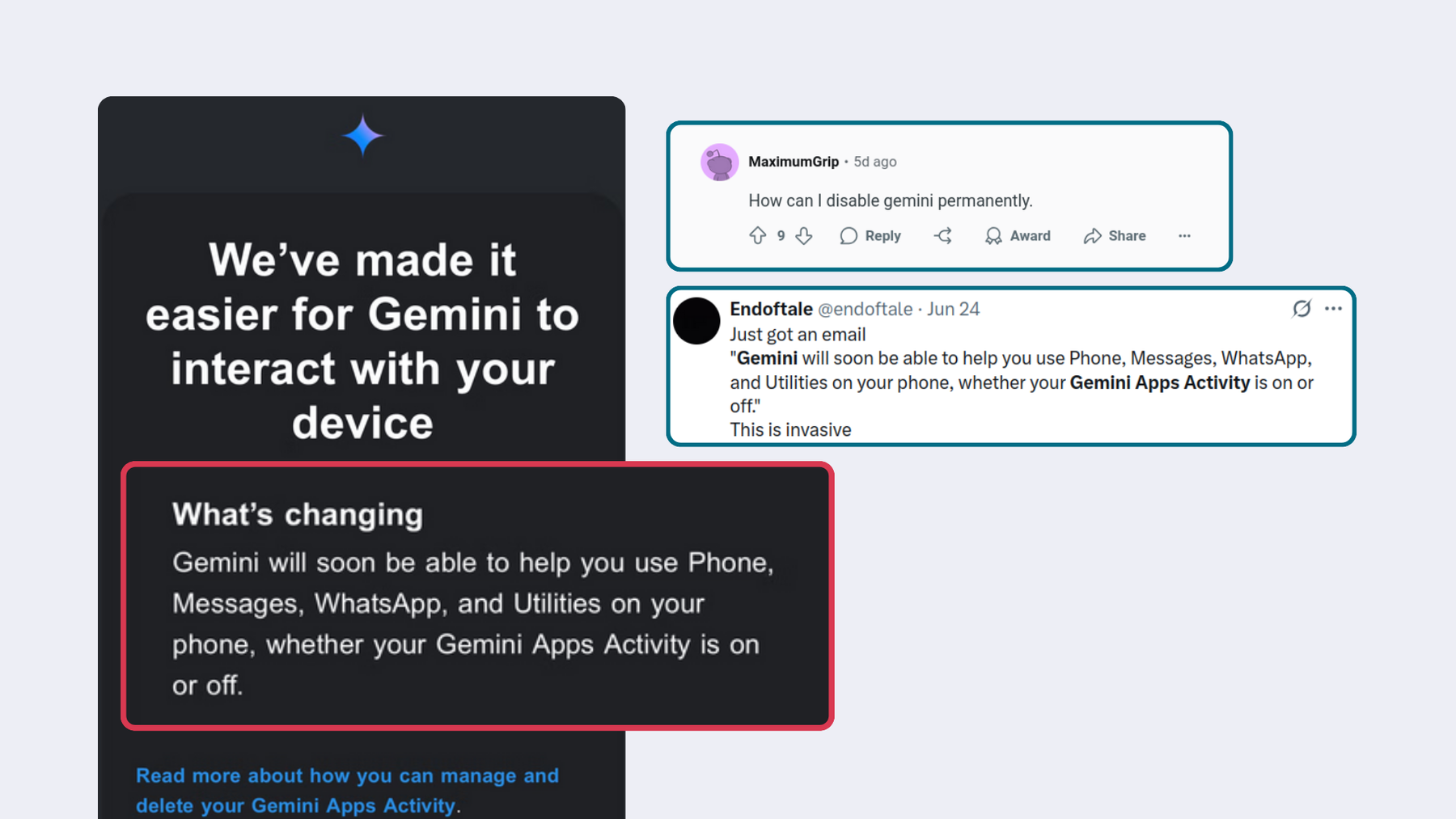 Screenshot of the email sent to Android users informing them that Gemini AI would have access to their phone, “We’ve made it easier for Gemini to interact with your device. What’s changing: Gemini will soon be able to help you use Phone, Messages, WhatsApp, and Utilities on your phone, where your Gemini Apps Activity is on or off.