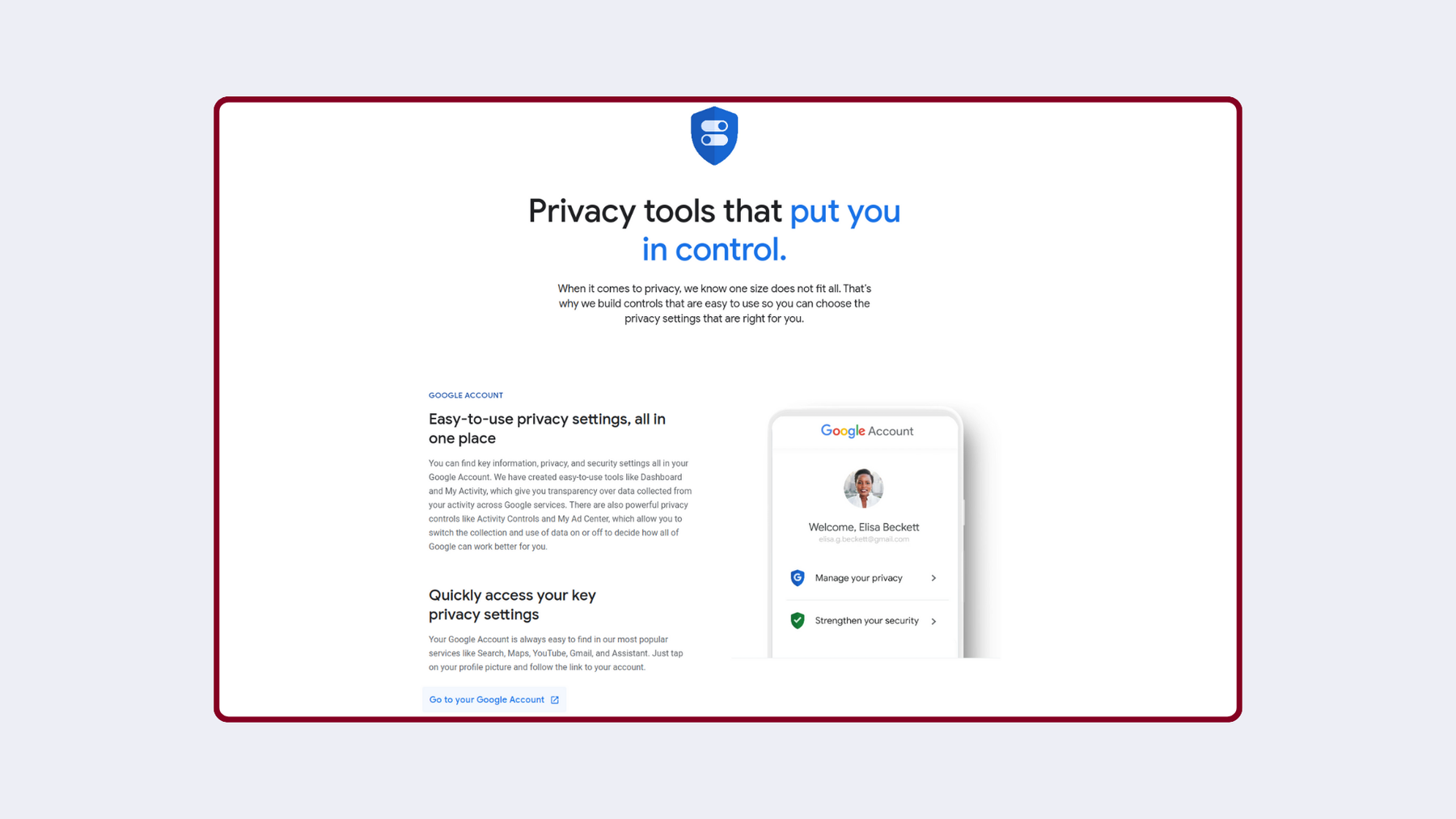 Screenshot of Google's Privacy tools, "Privacy tools that put you in control."
